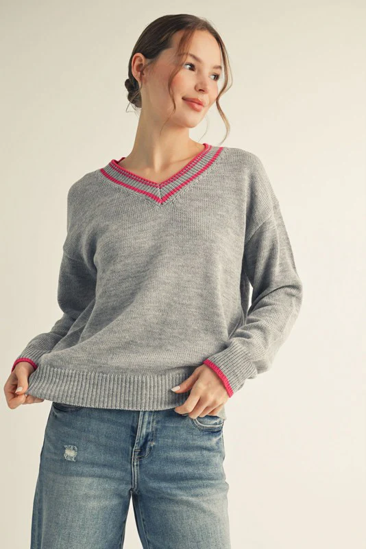 Heather Grey Contrast Detail V-Neck Maternity Sweater - Image 5