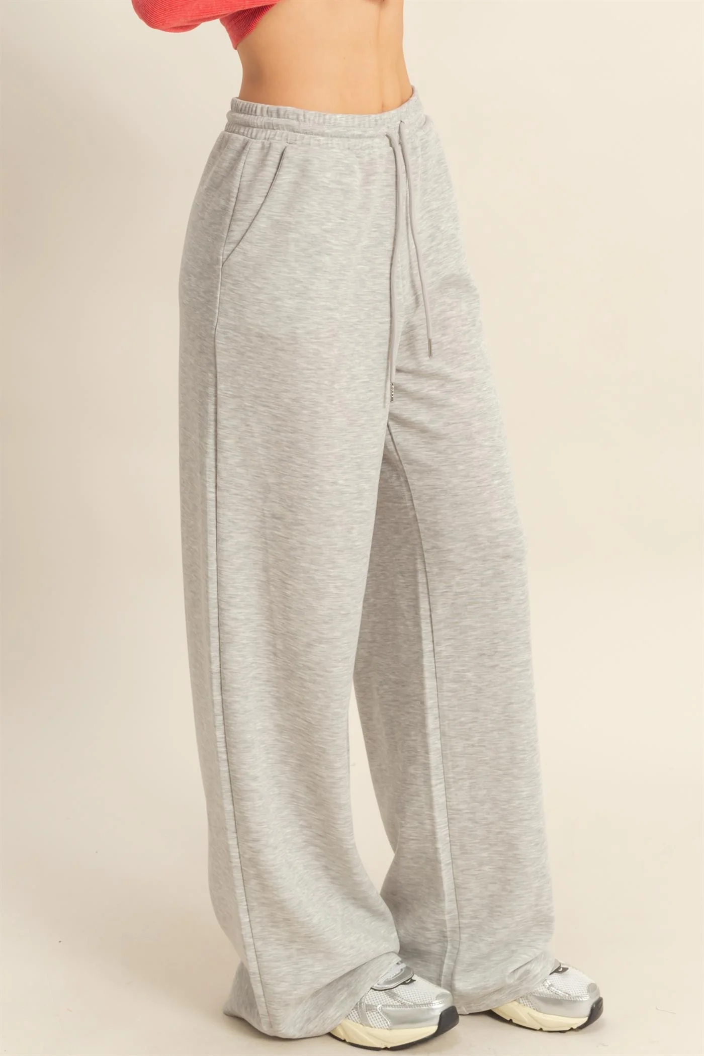Heather Grey Flowy Knit Drawstring Pants - Image 3