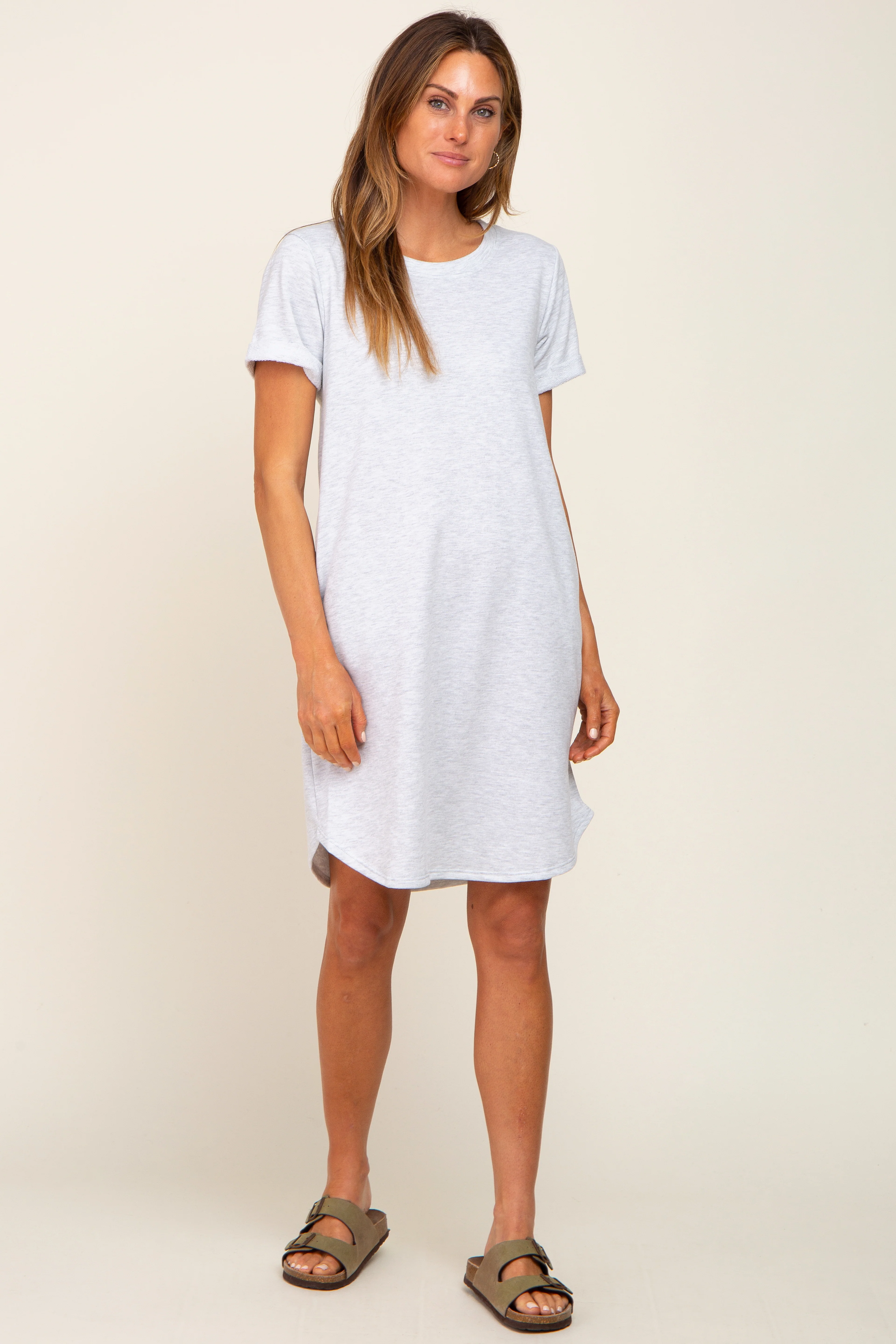 Heather Grey French Terry Cuffed Short Sleeve Maternity Dress - Image 4