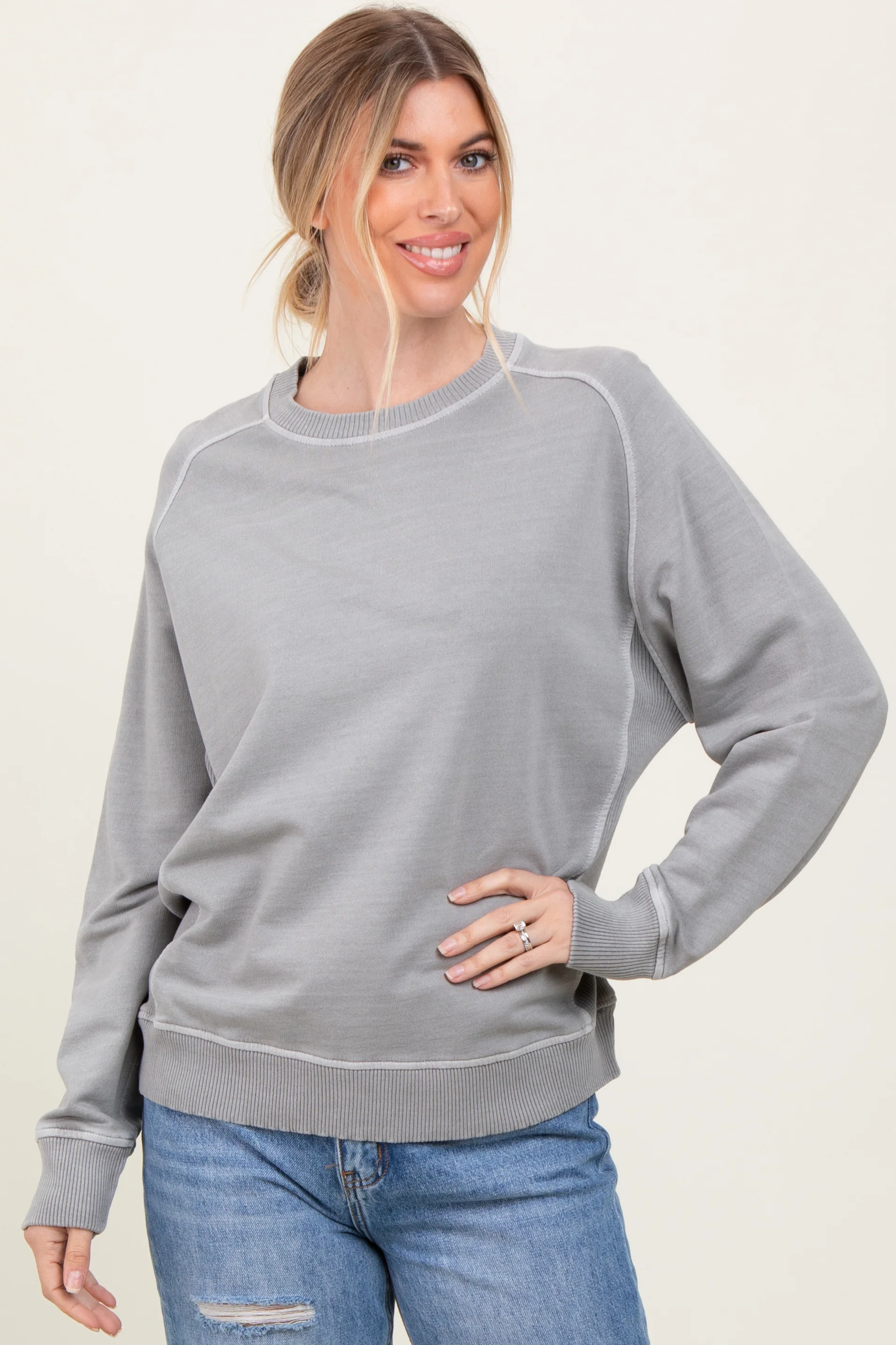Heather Grey French Terry Vintage Wash Maternity Pullover - Image 5
