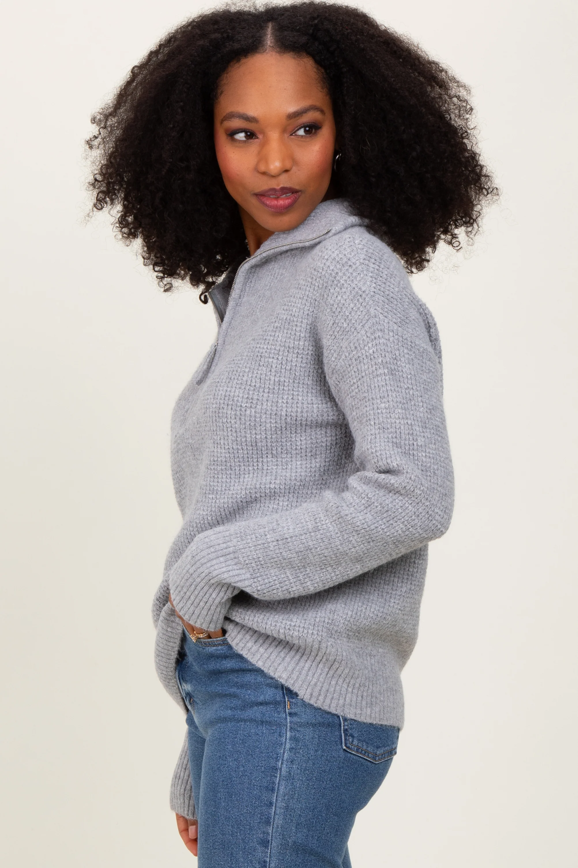 Heather Grey Half Zip Pullover Sweater - Image 3