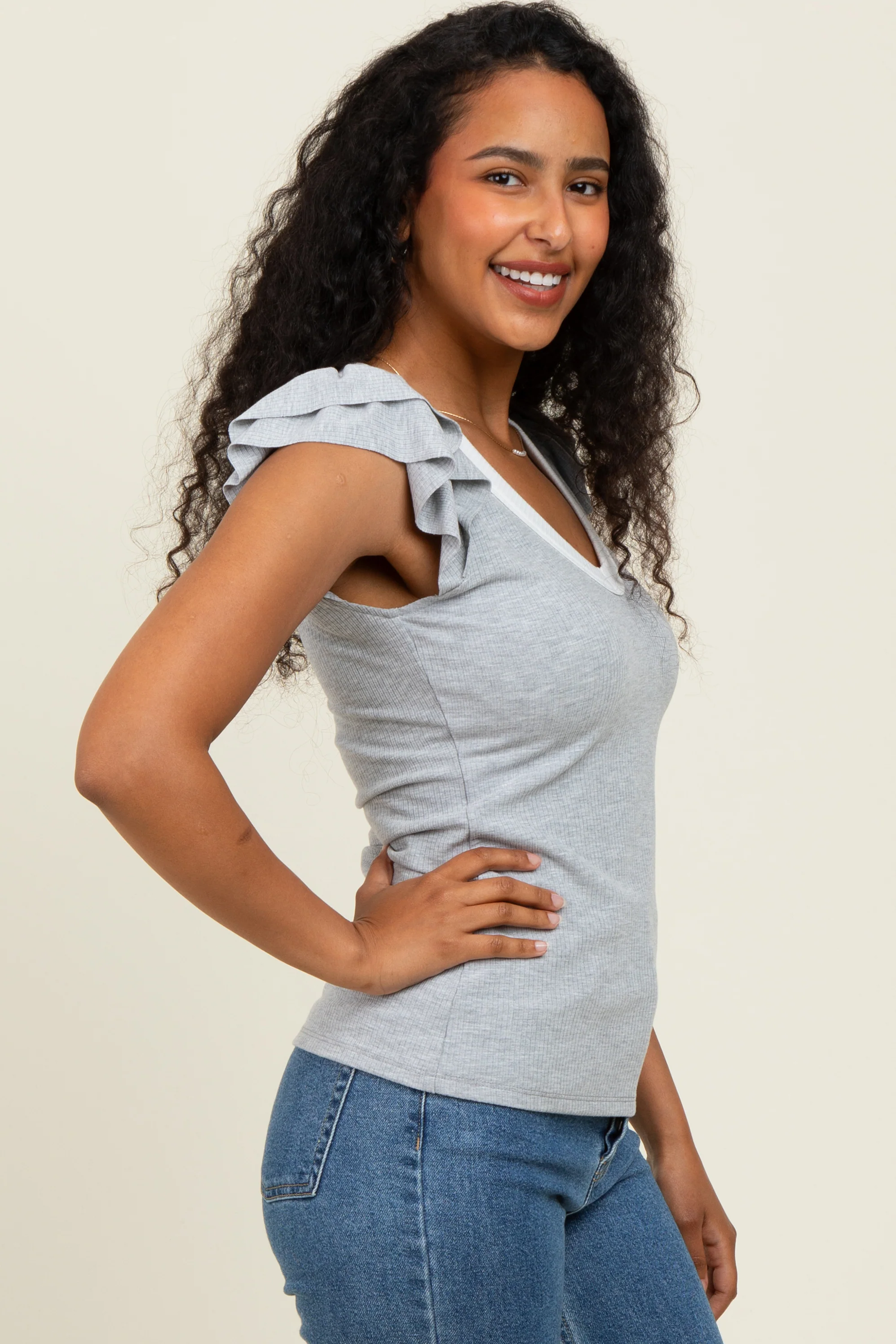 Heather Grey/ Ivory Solid Ribbed Ruffle Sleeve Fitted Top - Image 3