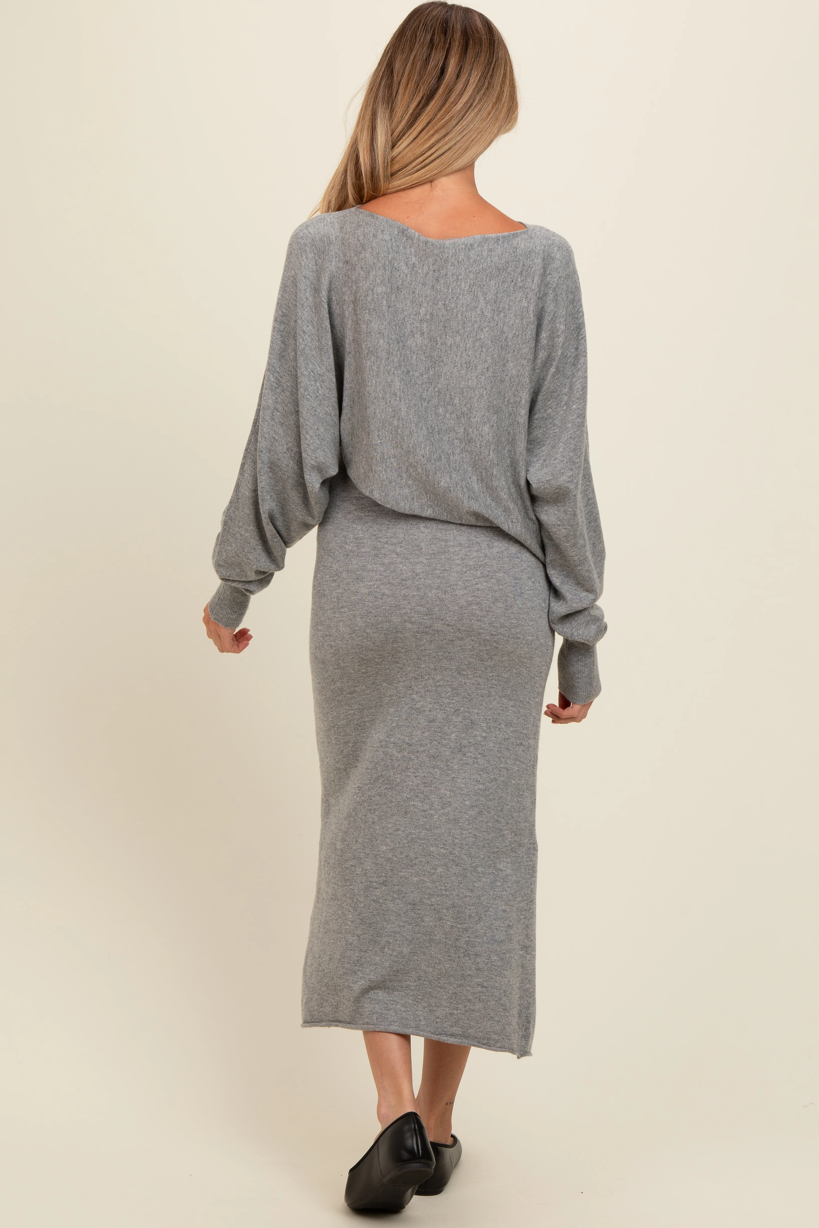Heather Grey Knit Asymmetrical Top Midi Skirt Maternity Set - Image 3