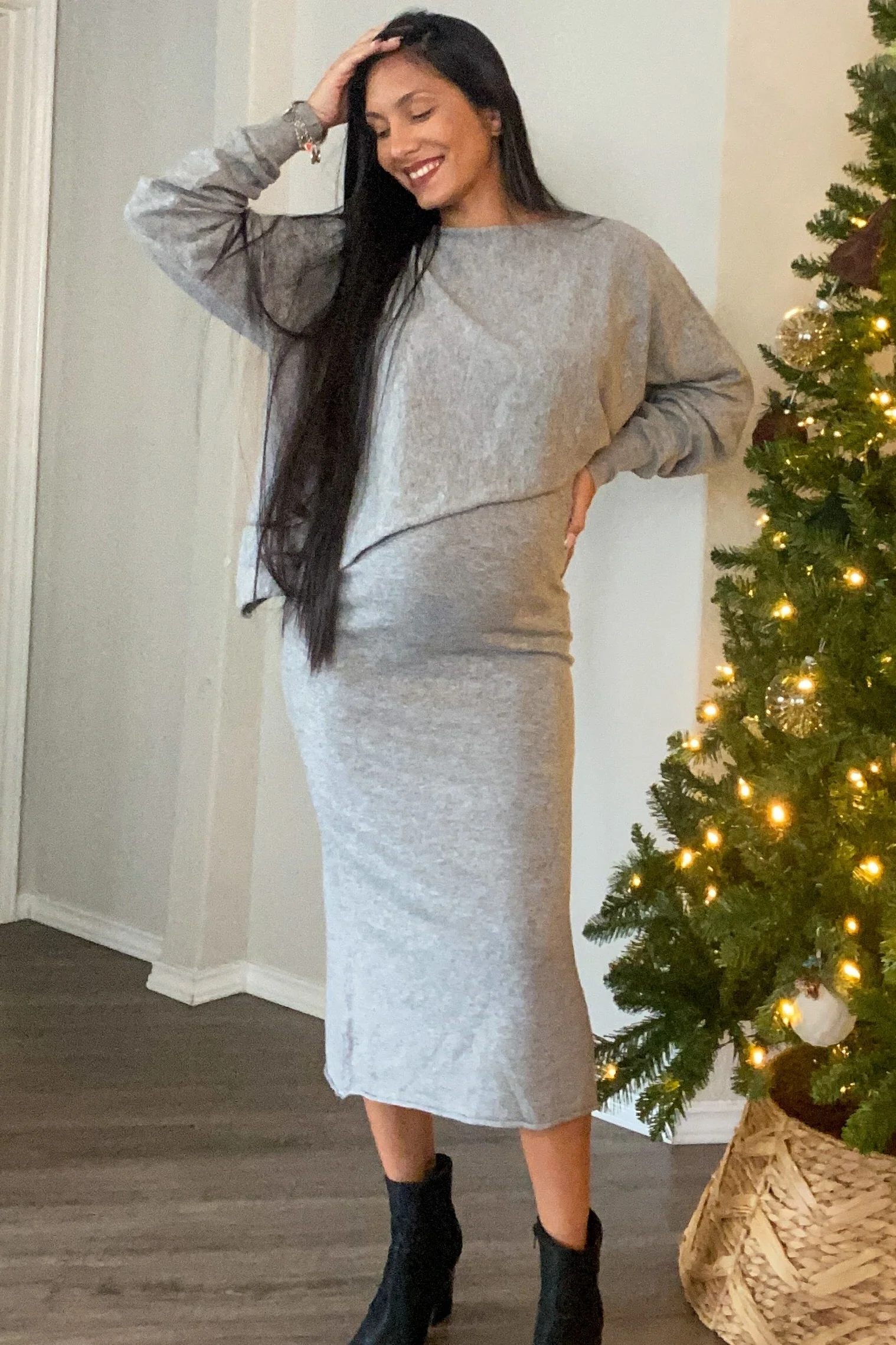 Heather Grey Knit Asymmetrical Top Midi Skirt Maternity Set - Image 4
