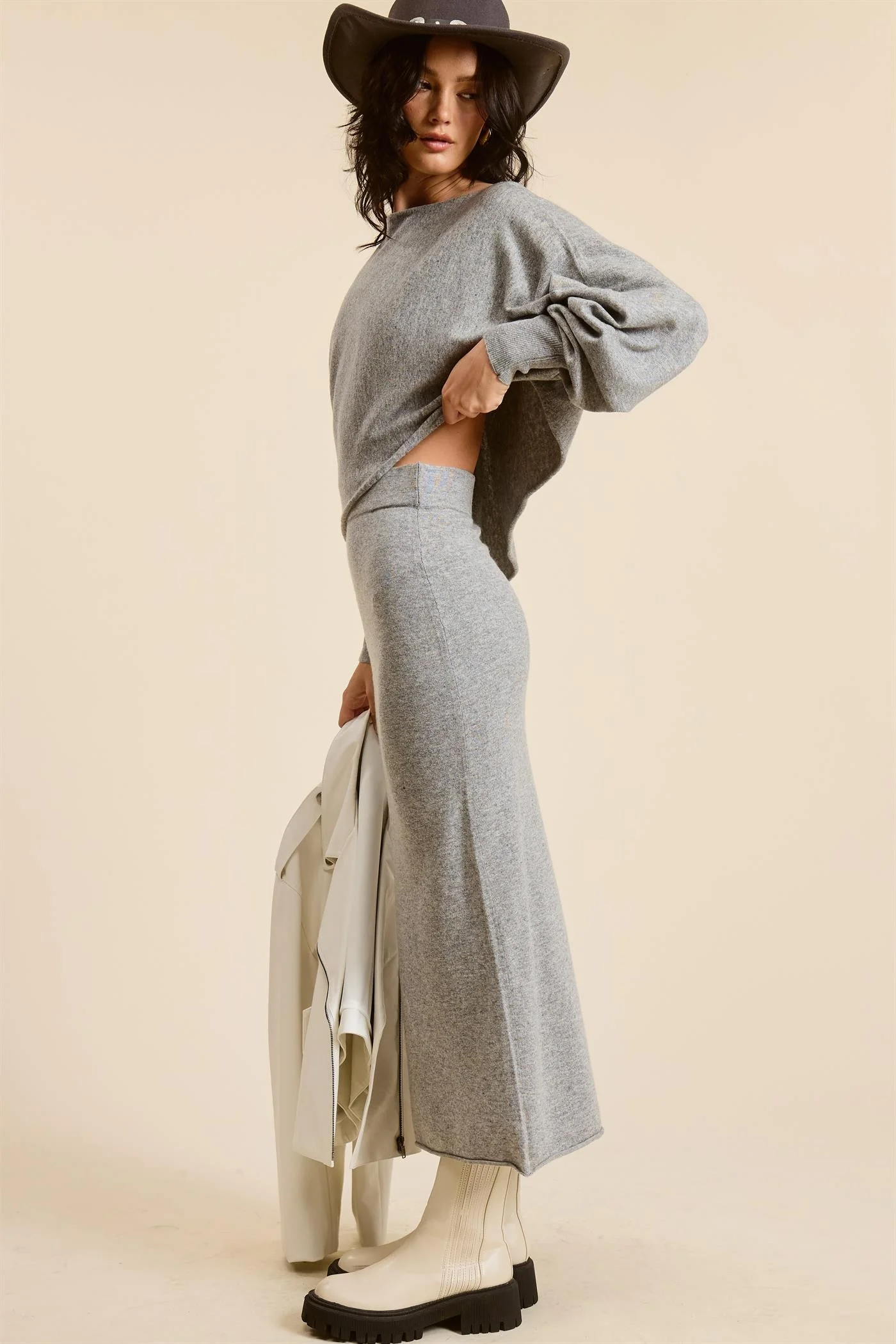 Heather Grey Knit Asymmetrical Top Midi Skirt Set - Image 2