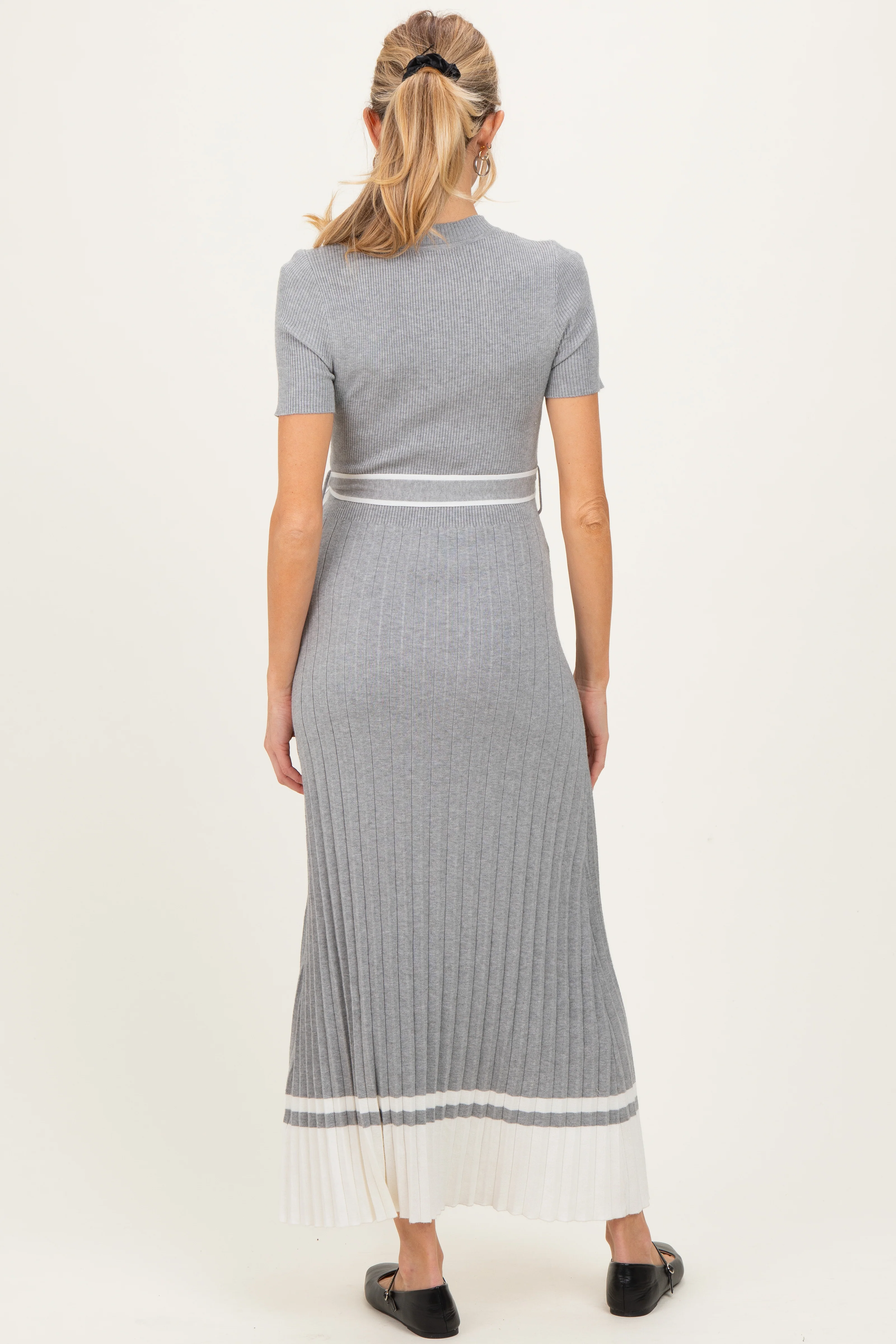 Heather Grey Knit Pleated Sash Tie Maternity Midi Dress - Image 4