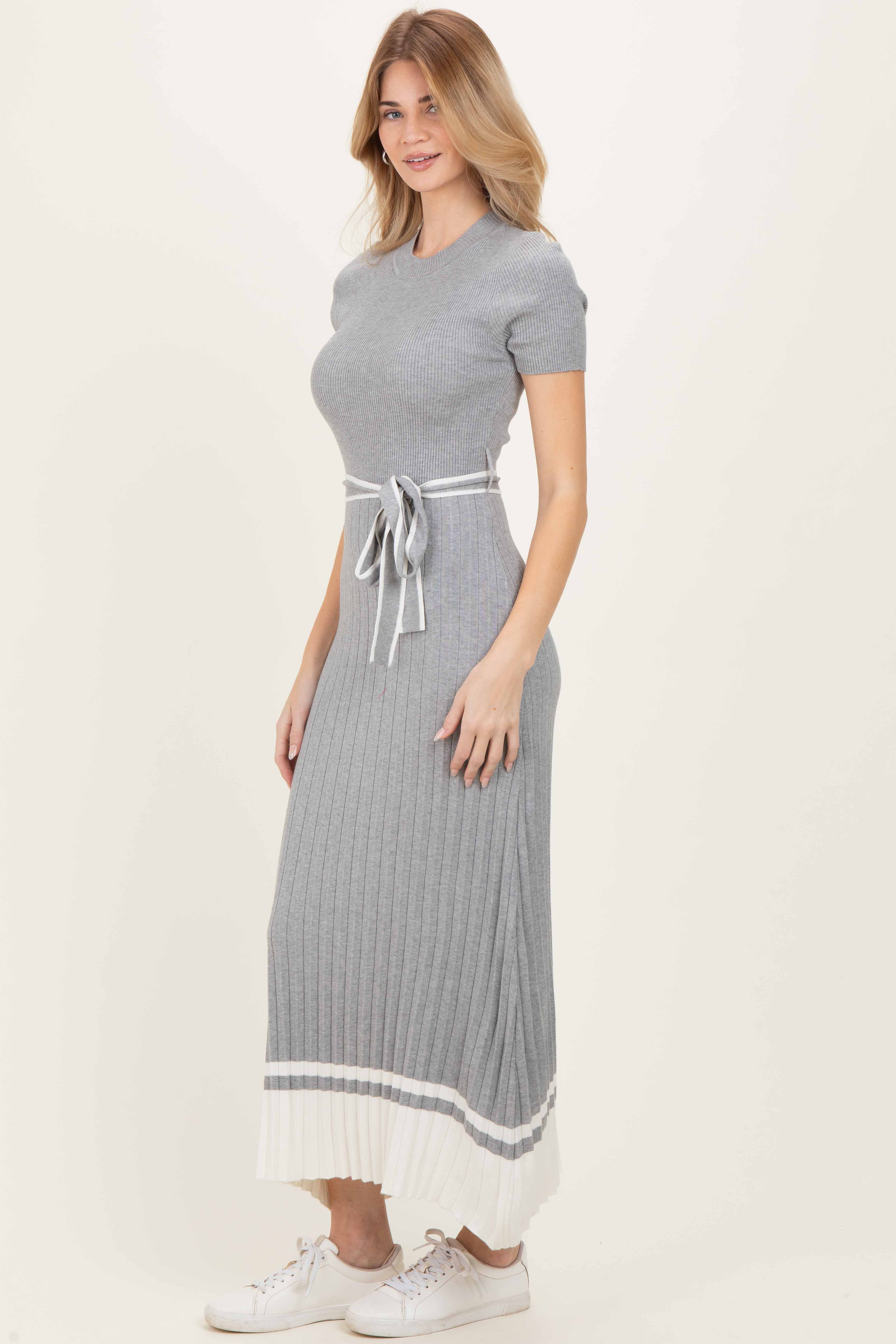 Heather Grey Knit Pleated Sash Tie Midi Dress - Image 3