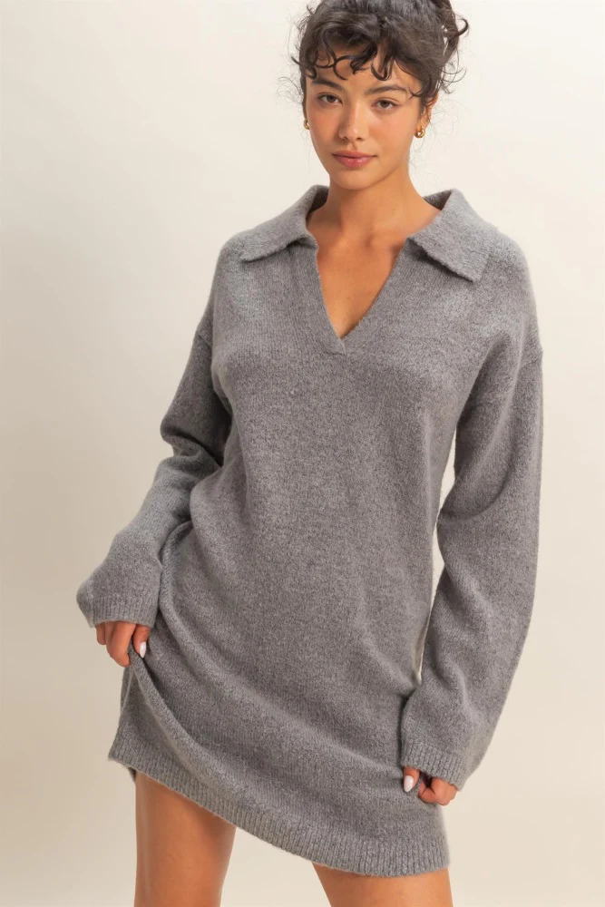 Heather Grey Long Sleeve Polo Maternity Sweater Dress - Image 6