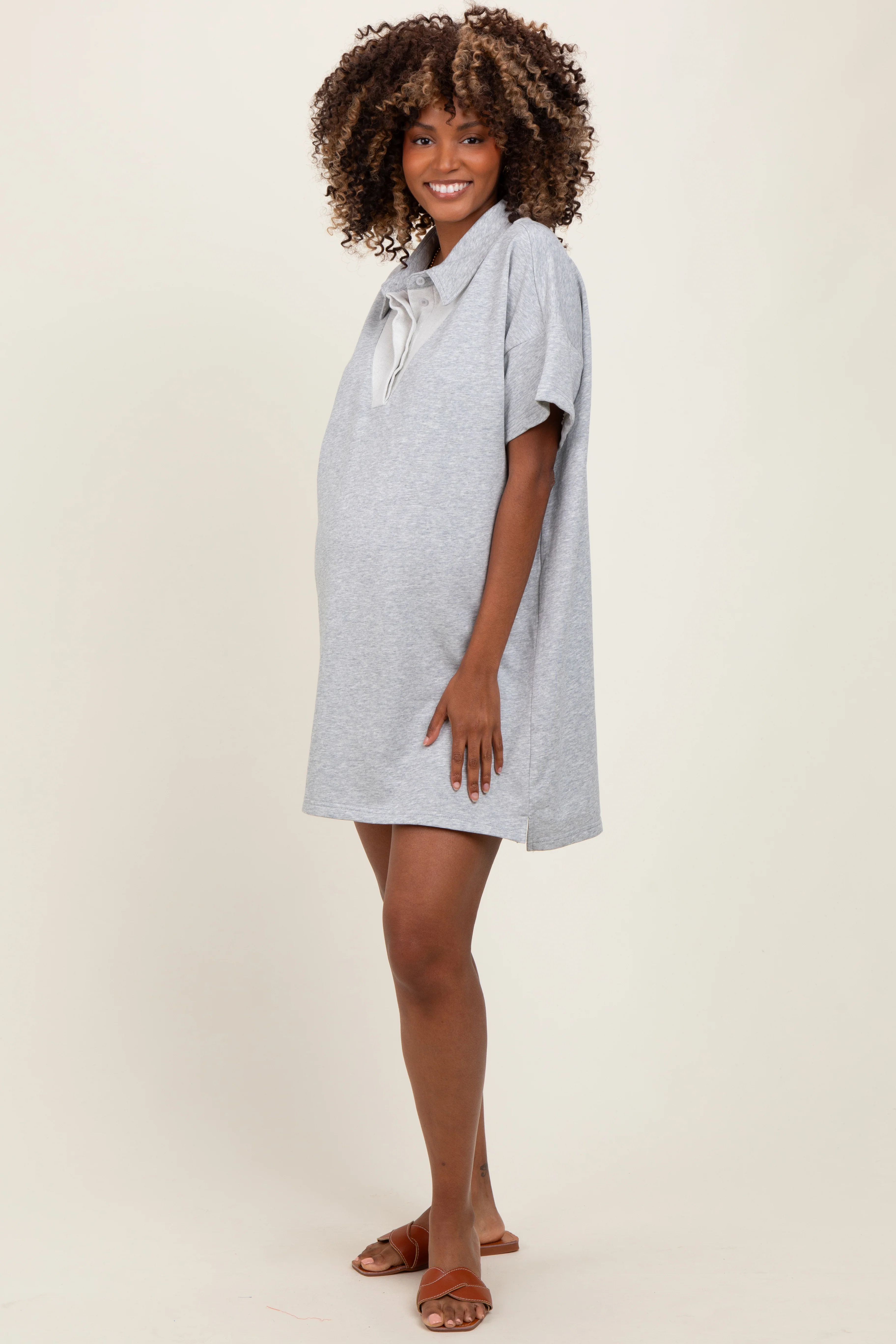 Heather Grey Maternity Mini Polo Dress - Image 3