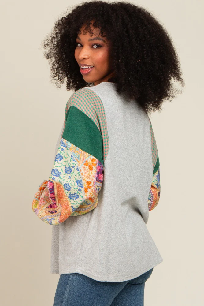 Heather Grey Mixed Print Bubble Sleeve Top - Image 3