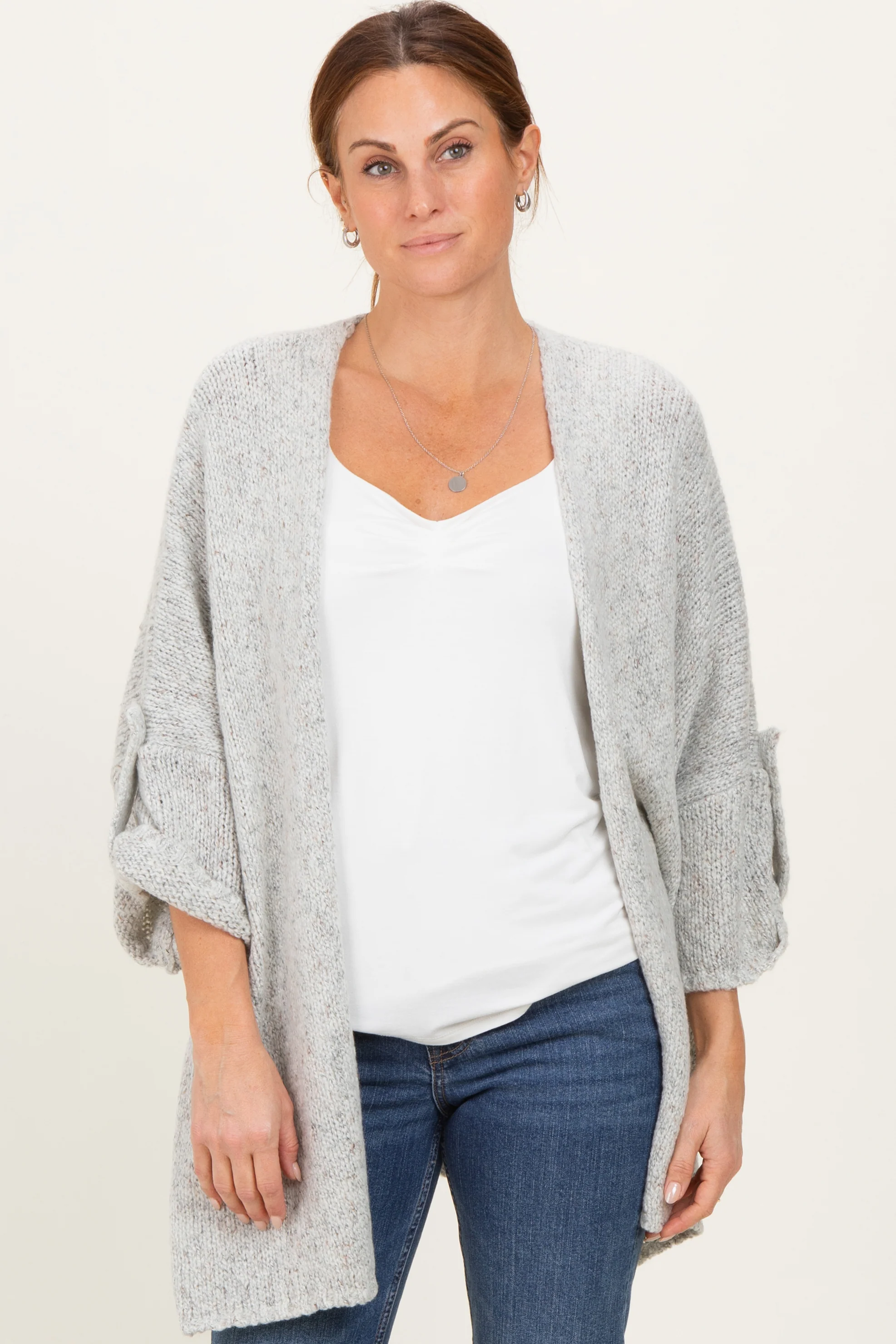 Heather Grey Oversized Cuffed Sleeve Cardigan - Image 2