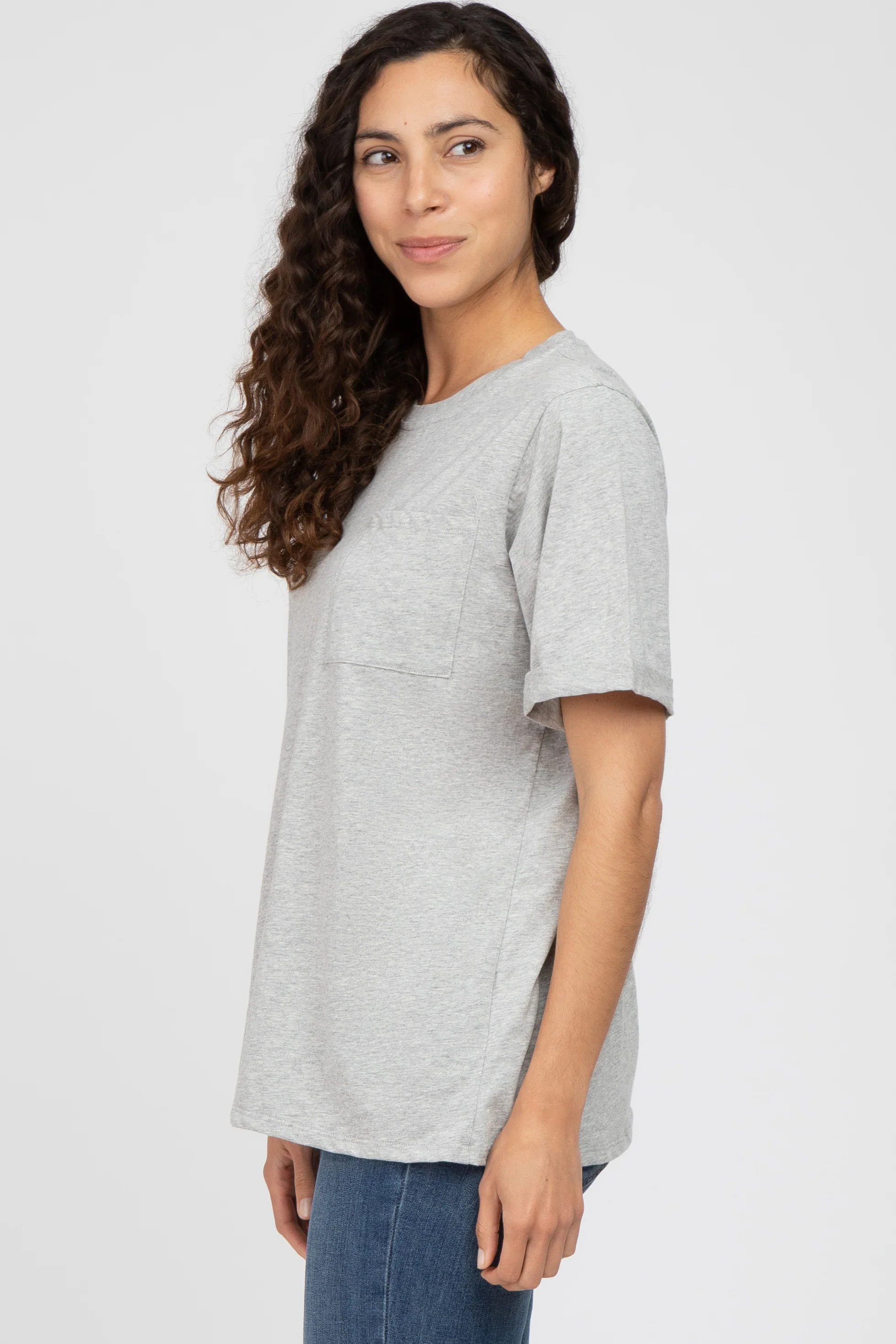 Heather Grey Oversized Pocket Front Short Sleeve Top - Image 2