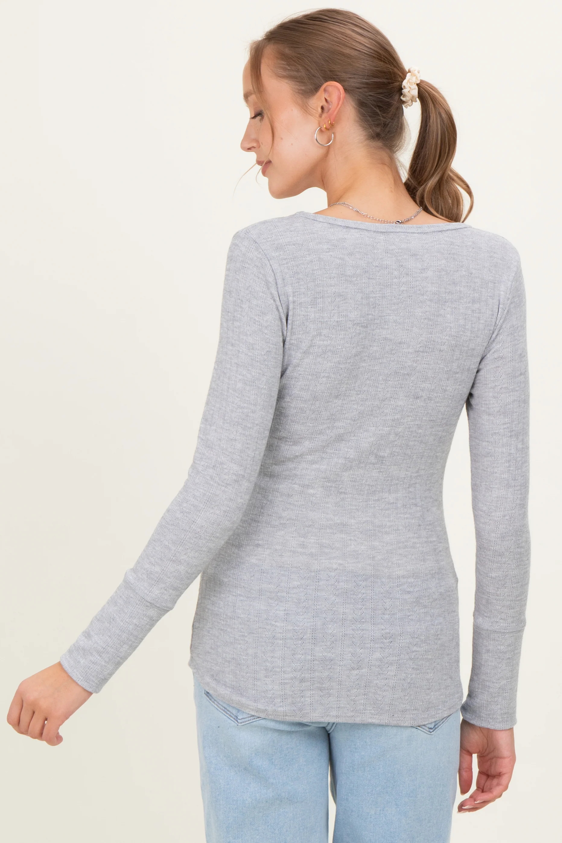 Heather Grey Pointelle Knit Maternity Henley Top - Image 4