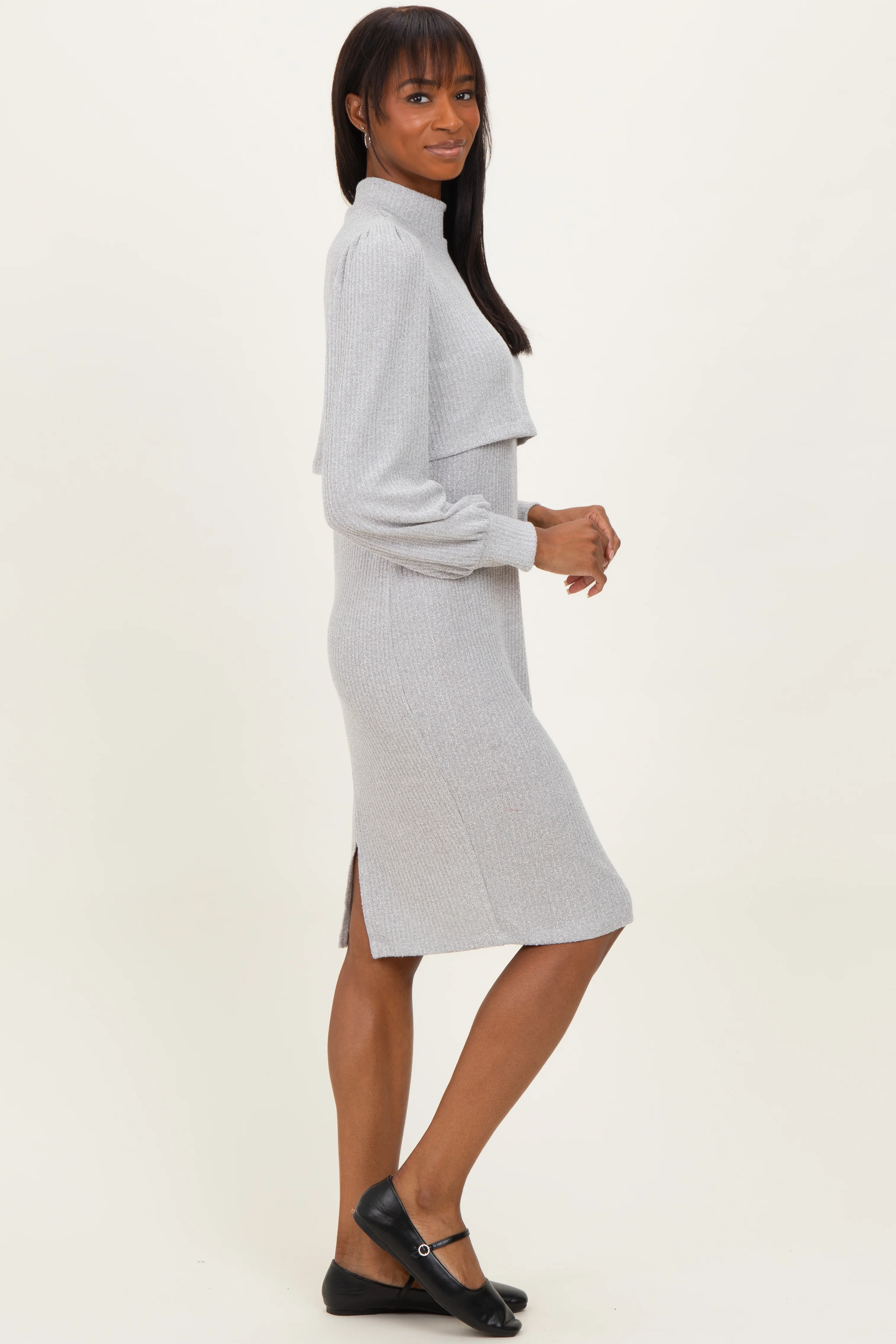 Heather Grey Rib Knit Mock Neck Nursing Dress - Image 3