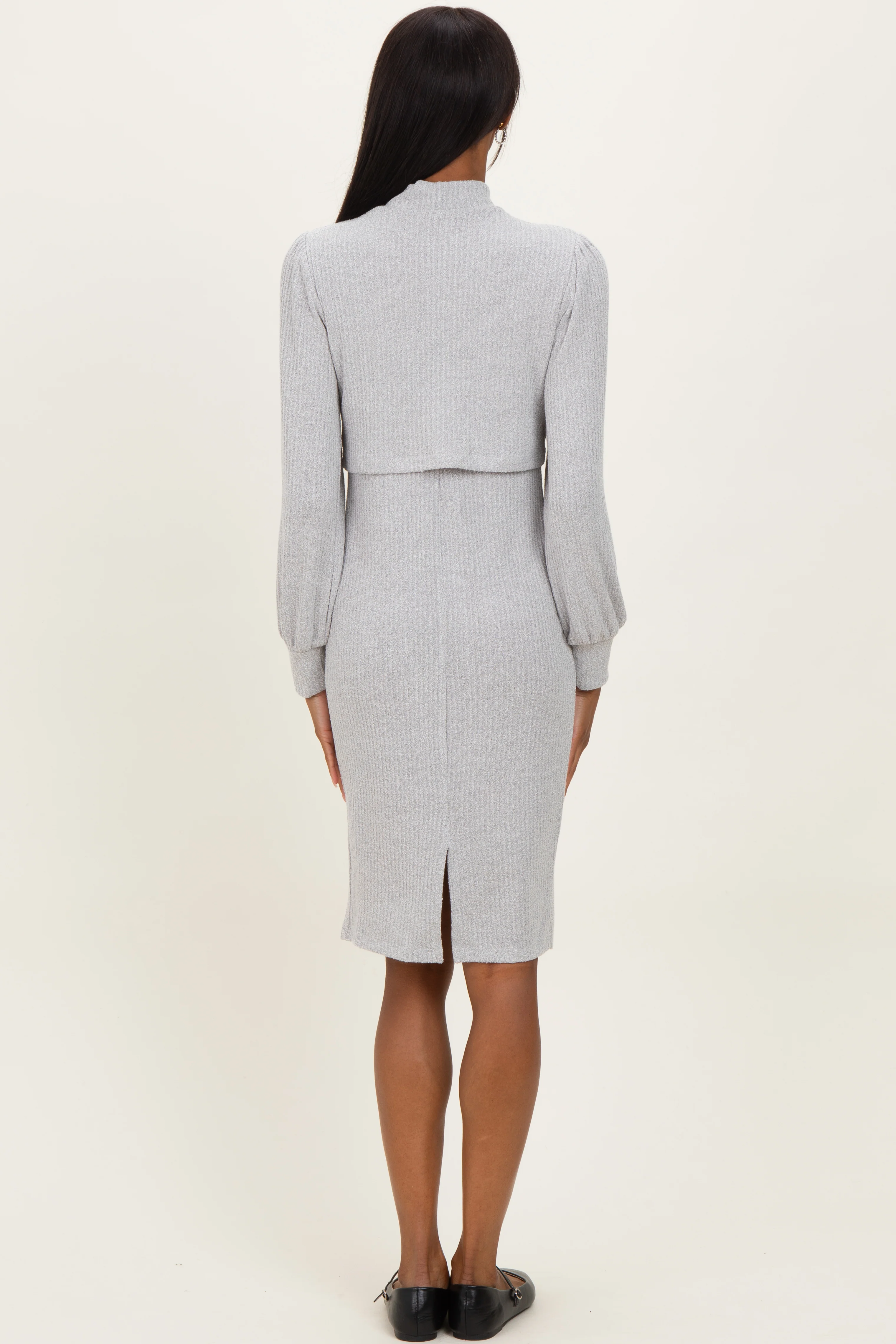 Heather Grey Rib Knit Mock Neck Nursing Dress - Image 4