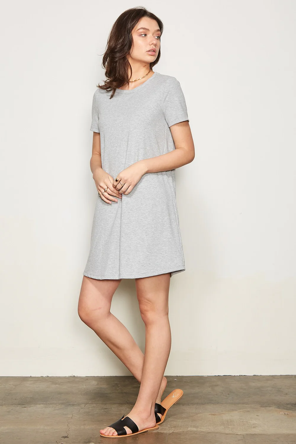 Heather Grey Ribbed Knit Basic Short Sleeve T-Shirt Dress - Image 4