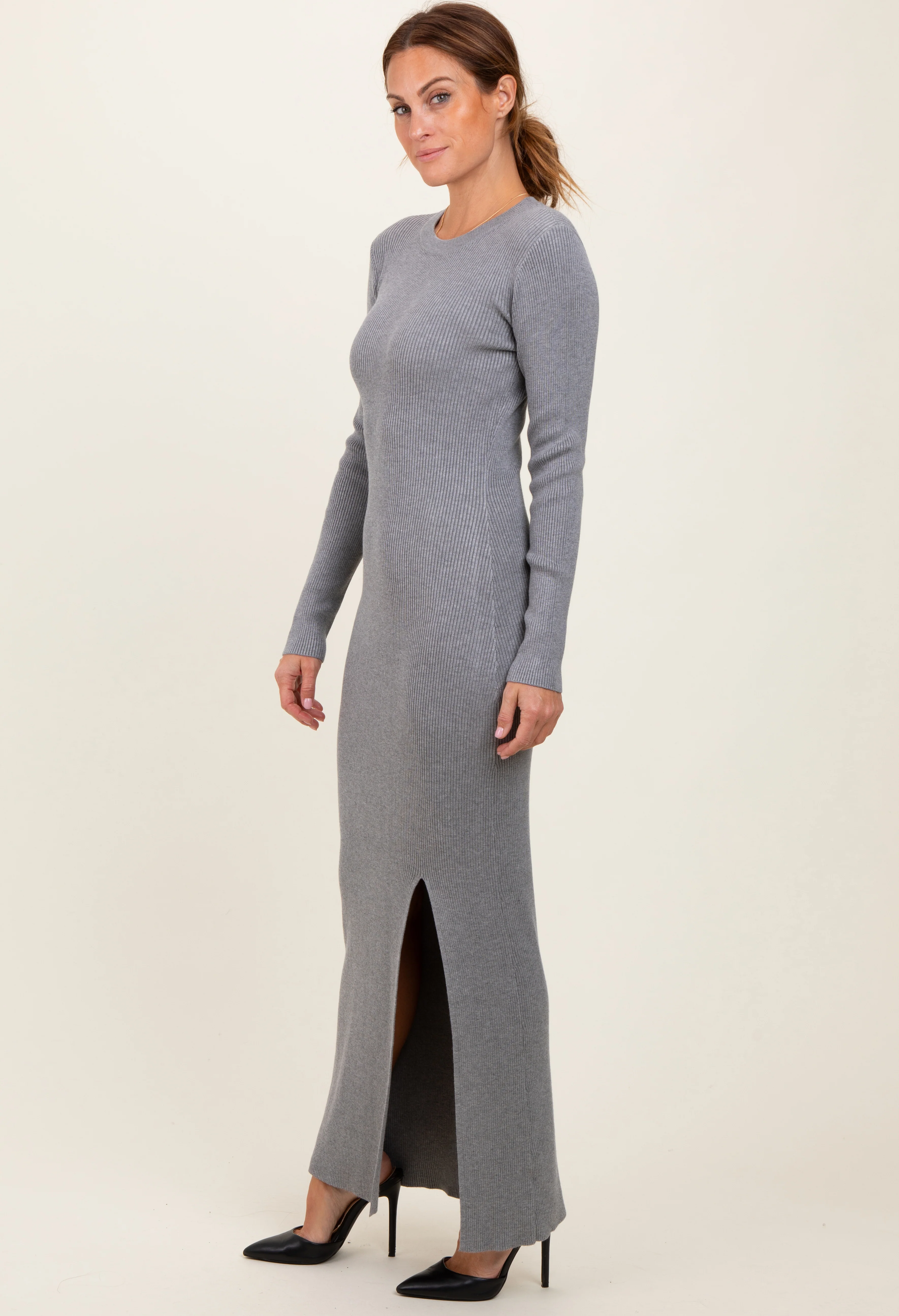 Heather Grey Ribbed Knit Long Sleeve Side Slit Maxi Dress - Image 3