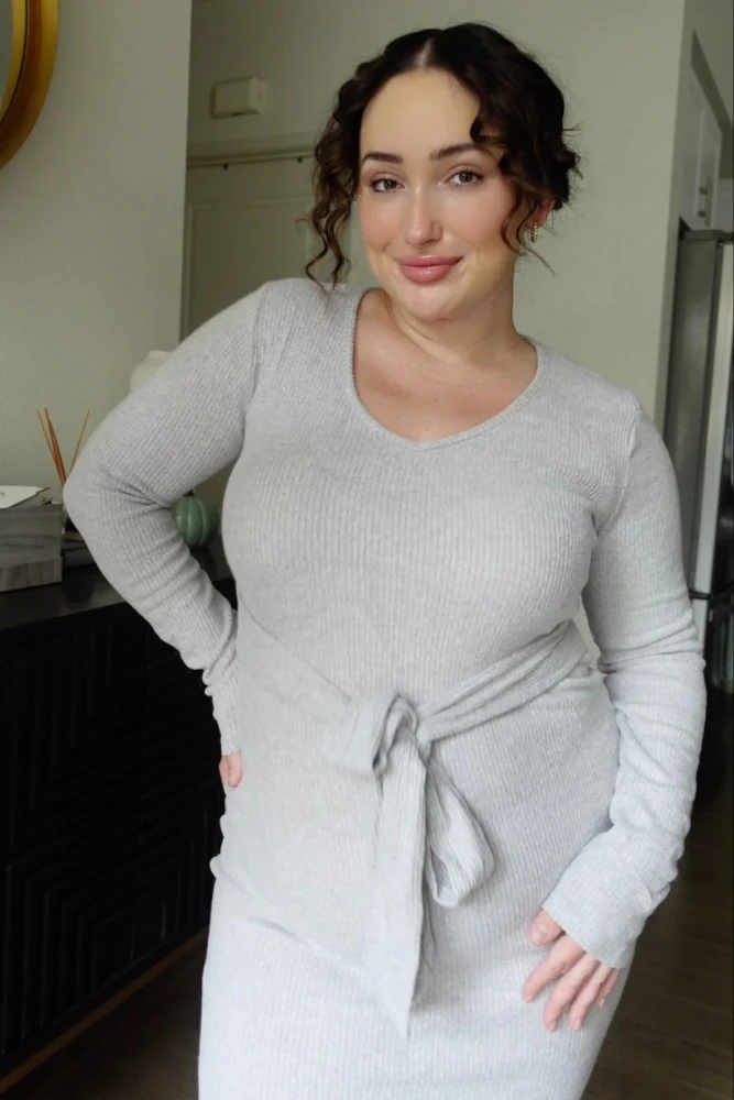 Heather Grey Ribbed Knit Long Sleeve Tie Waist Maternity Dress - Image 6
