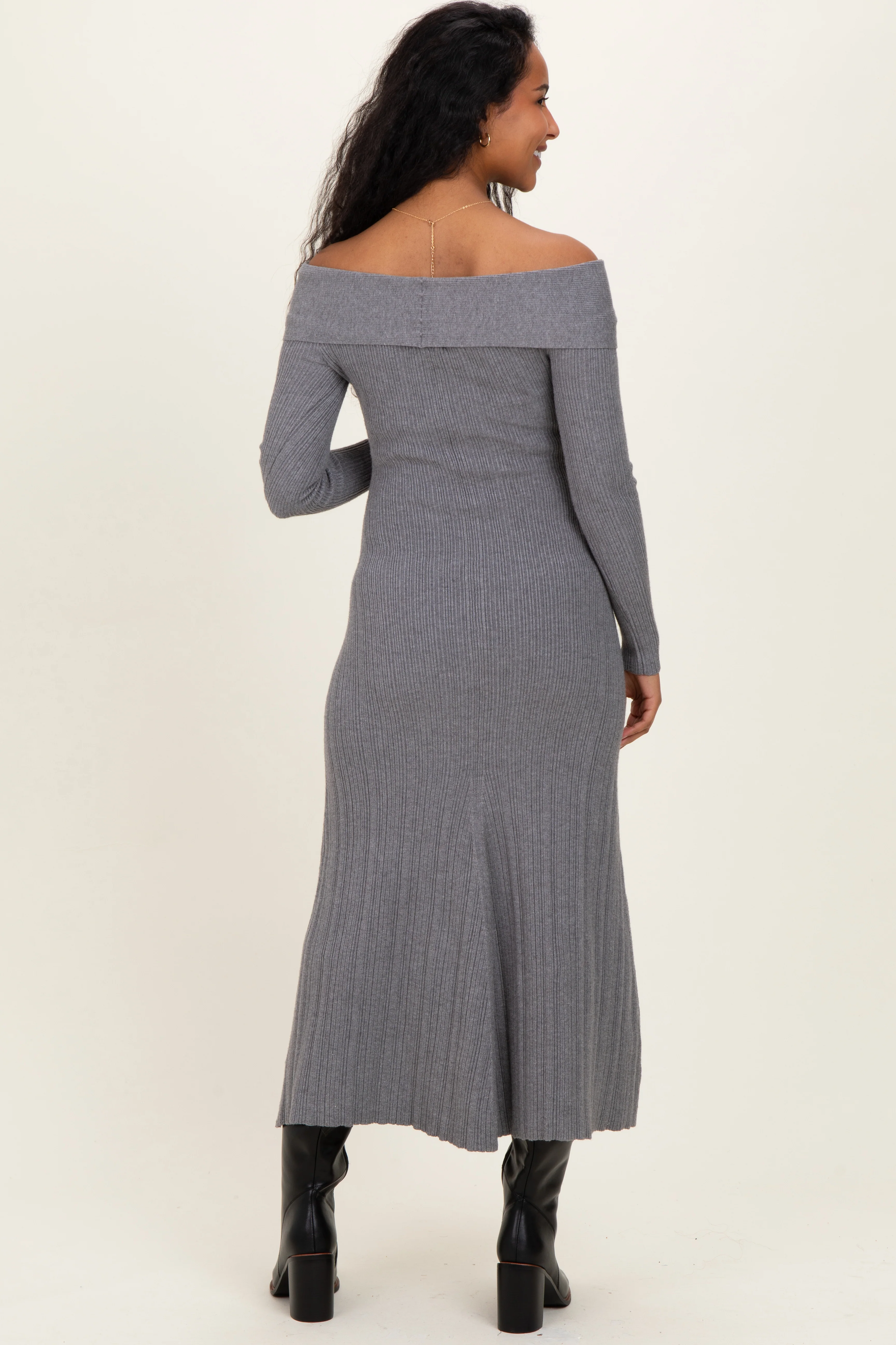 Heather Grey Ribbed Knit Off Shoulder Maternity Midi Dress - Image 4