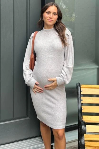 Heather Grey Ribbed Long Sleeve Mock Neck Maternity Dress - Image 4