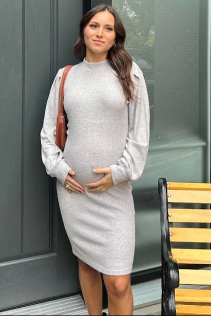 Heather Grey Ribbed Long Sleeve Mock Neck Maternity Dress - Image 5