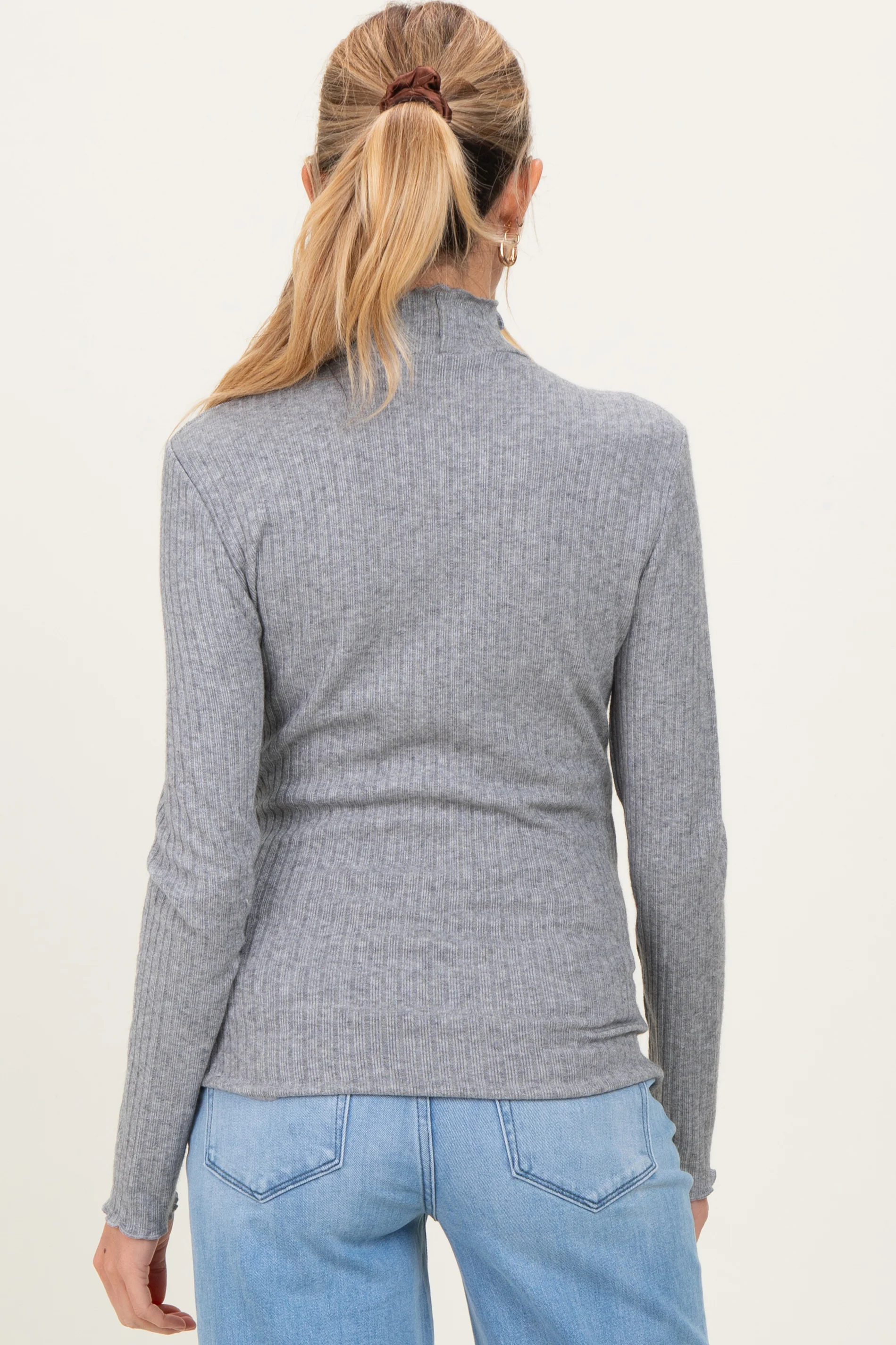 Heather Grey Ribbed Mock Neck Ruffle Hem Maternity Long Sleeve Top - Image 3