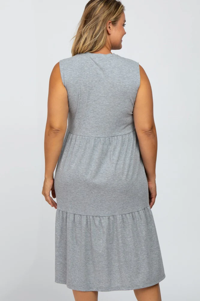 Heather Grey Ribbed Sleeveless Plus Maternity Midi Dress - Image 4