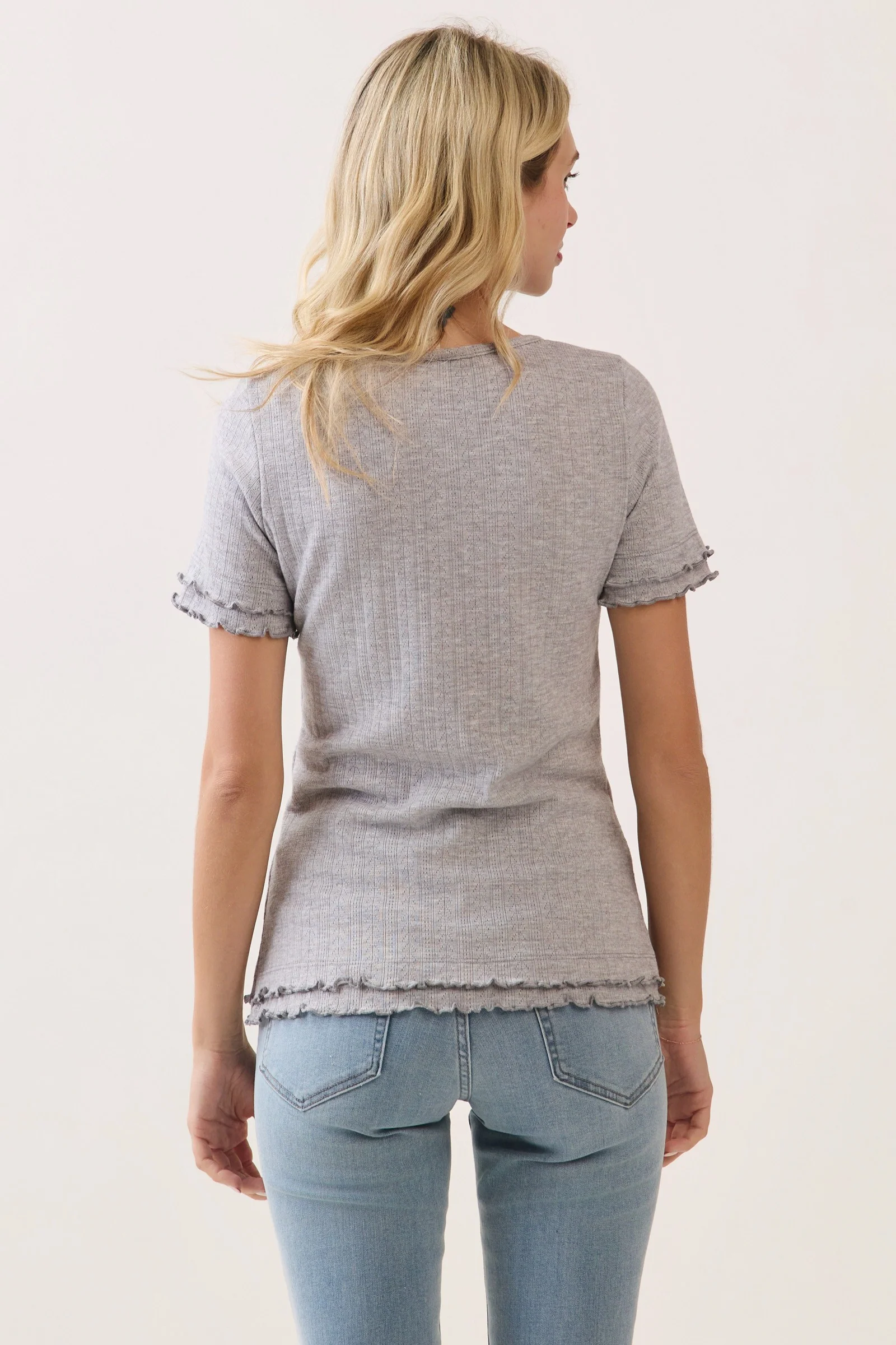 Heather Grey Ruffle Trim Pointelle Knit Henley Top - Image 3