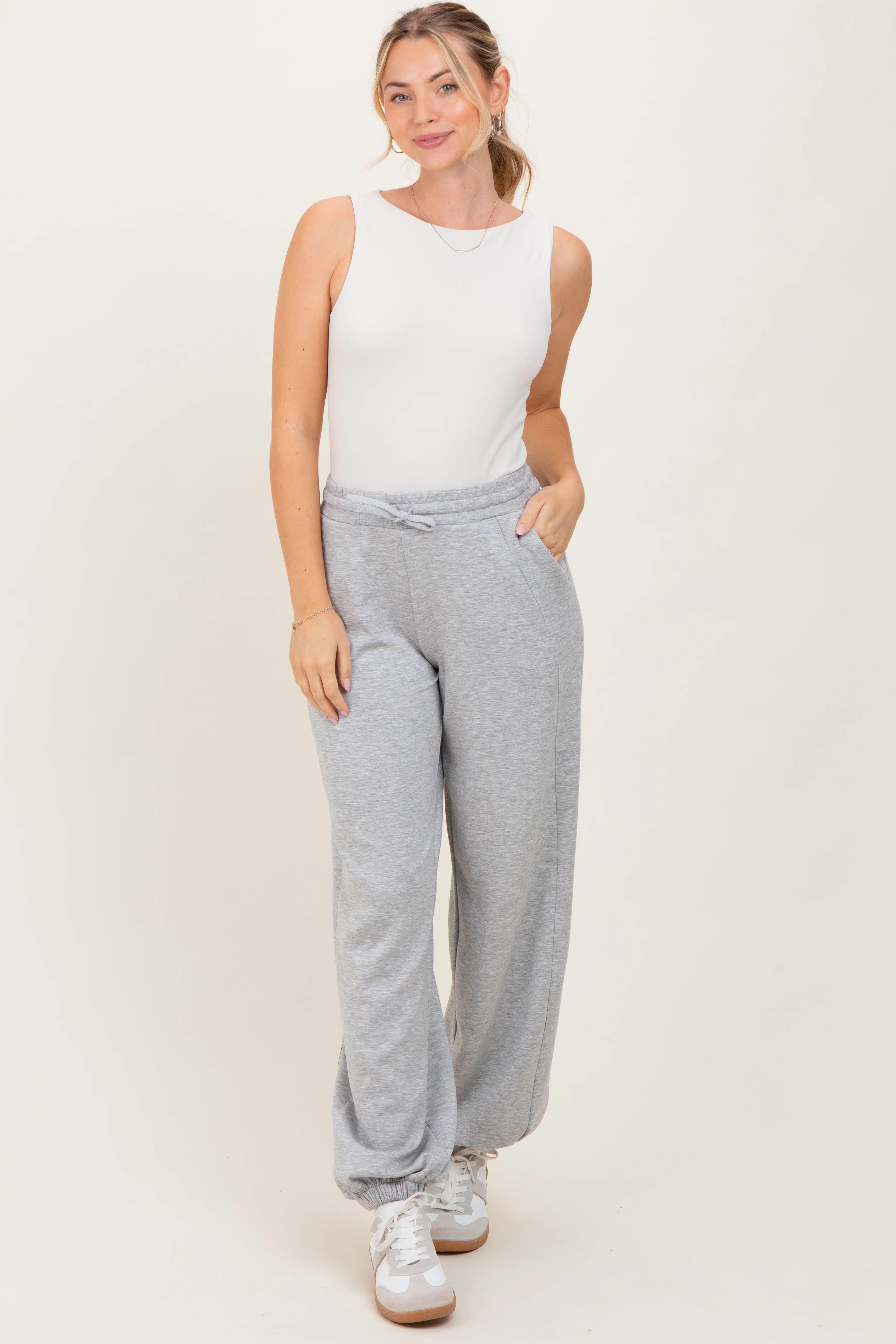 Heather Grey Scuba Drawstring Waist Relaxed Maternity Jogger Sweatpants - Image 6