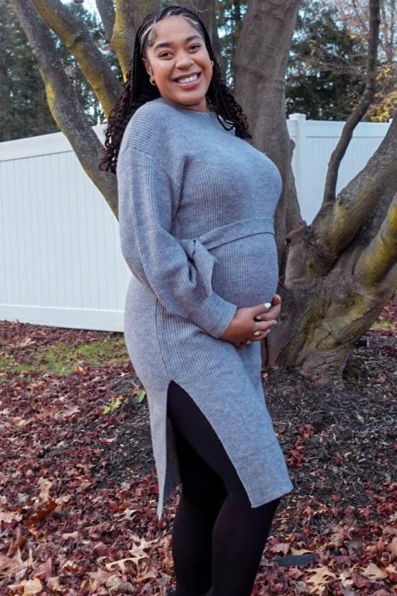 Heather Grey Side Slit Maternity Sweater Midi Dress - Image 6