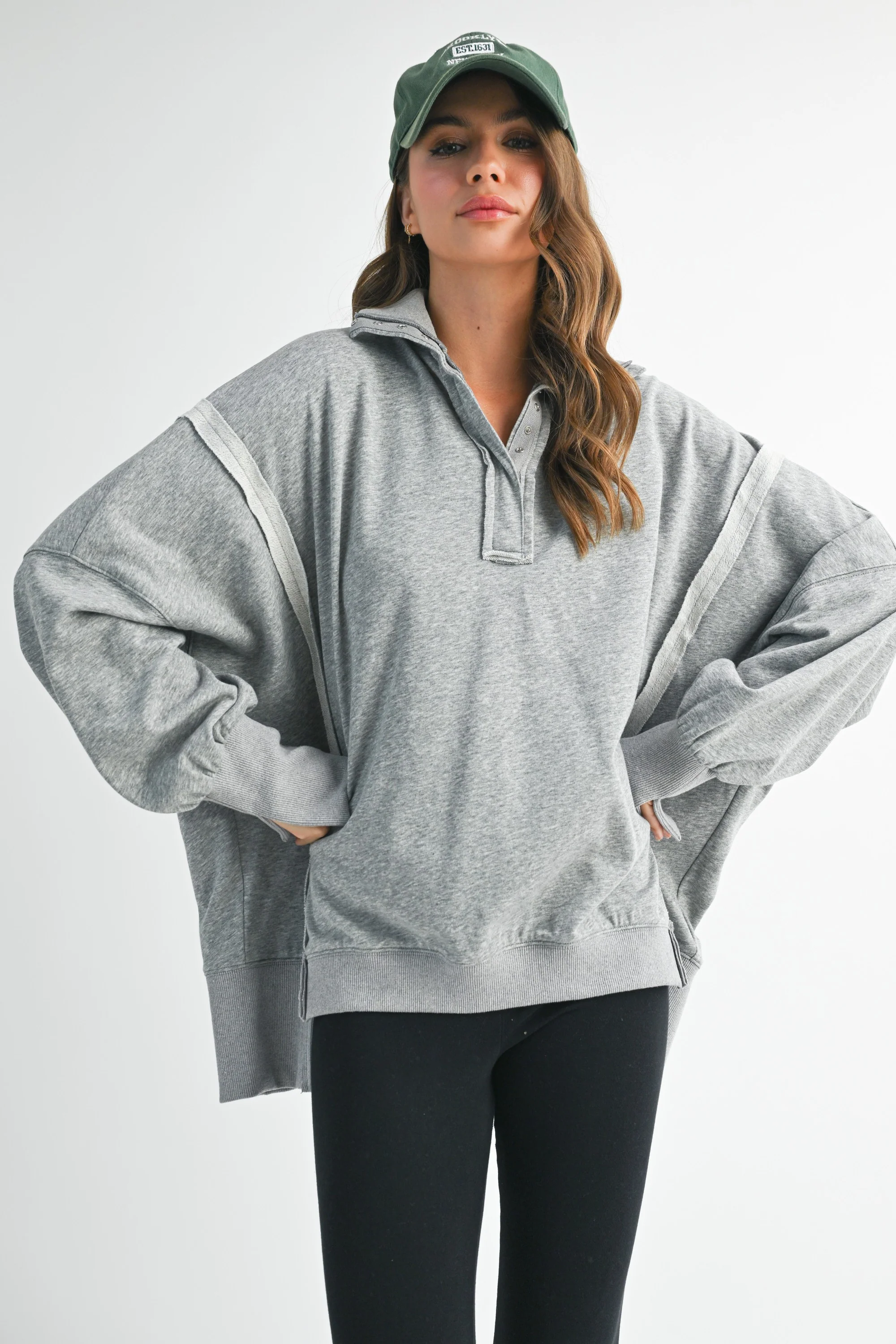 Heather Grey Snap Button Pullover Henley Sweatshirt - Image 3