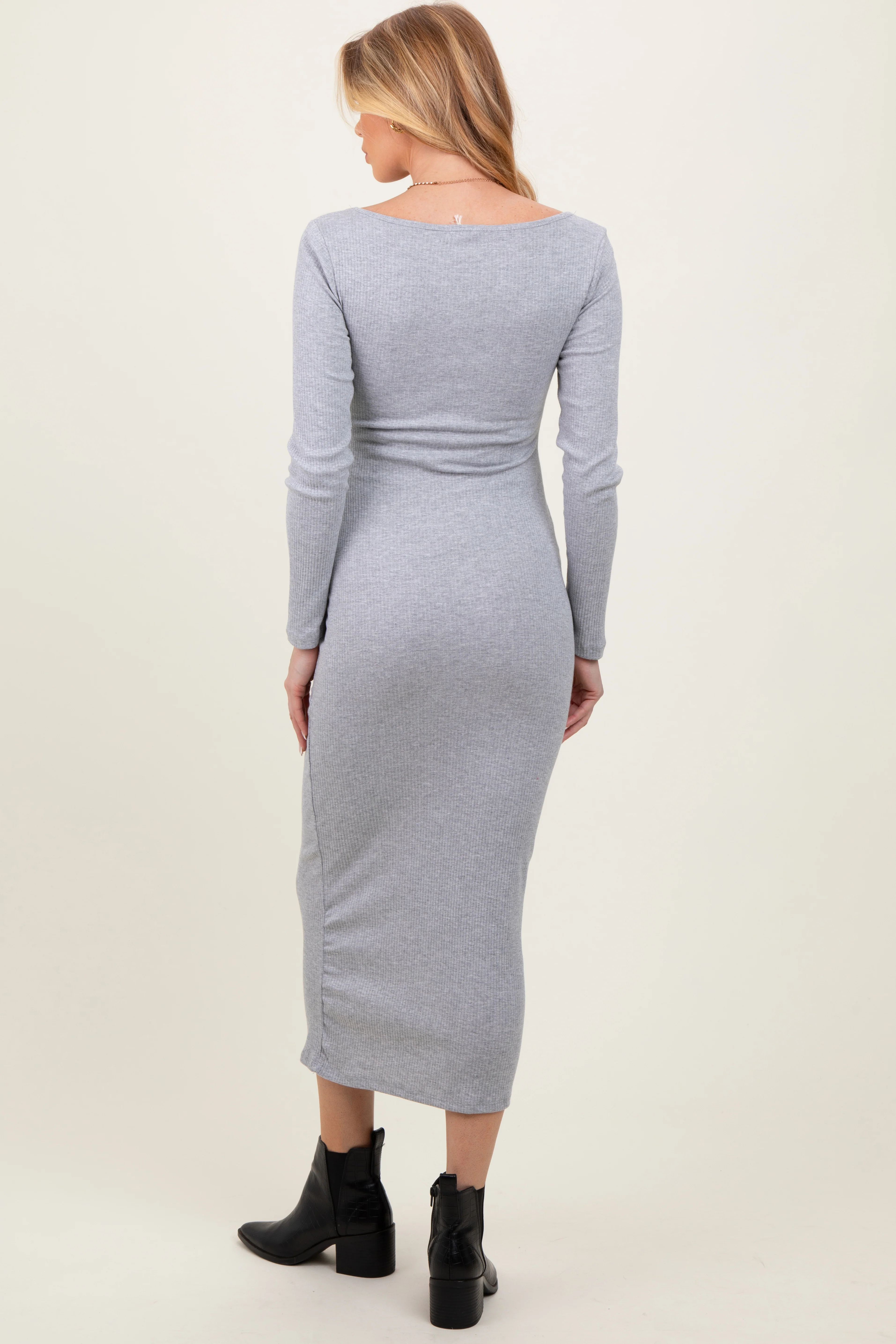 Heather Grey Square Neck Rib Long Sleeve Maternity Maxi Dress - Image 3
