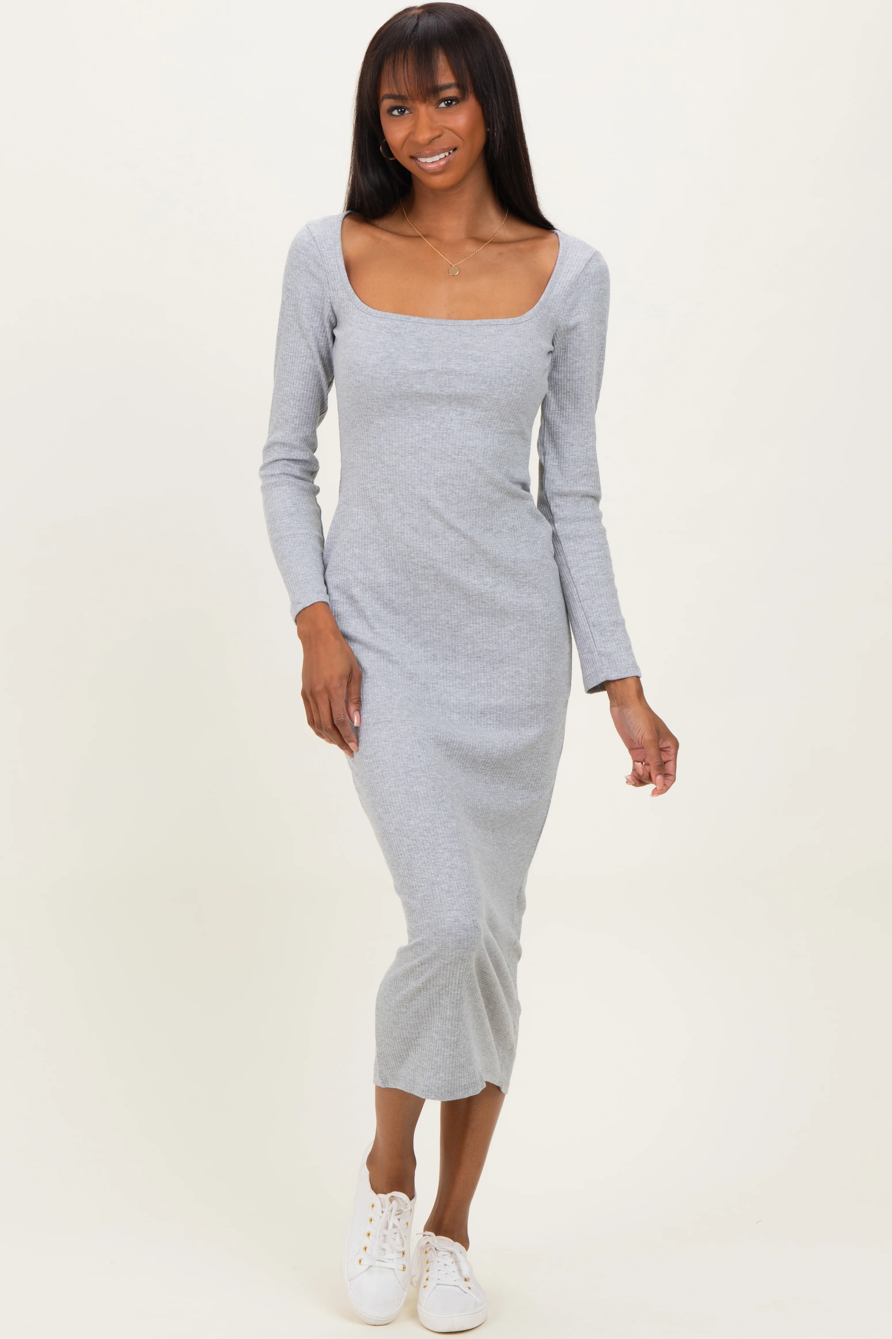 Heather Grey Square Neck Rib Long Sleeve Maternity Maxi Dress - Image 4
