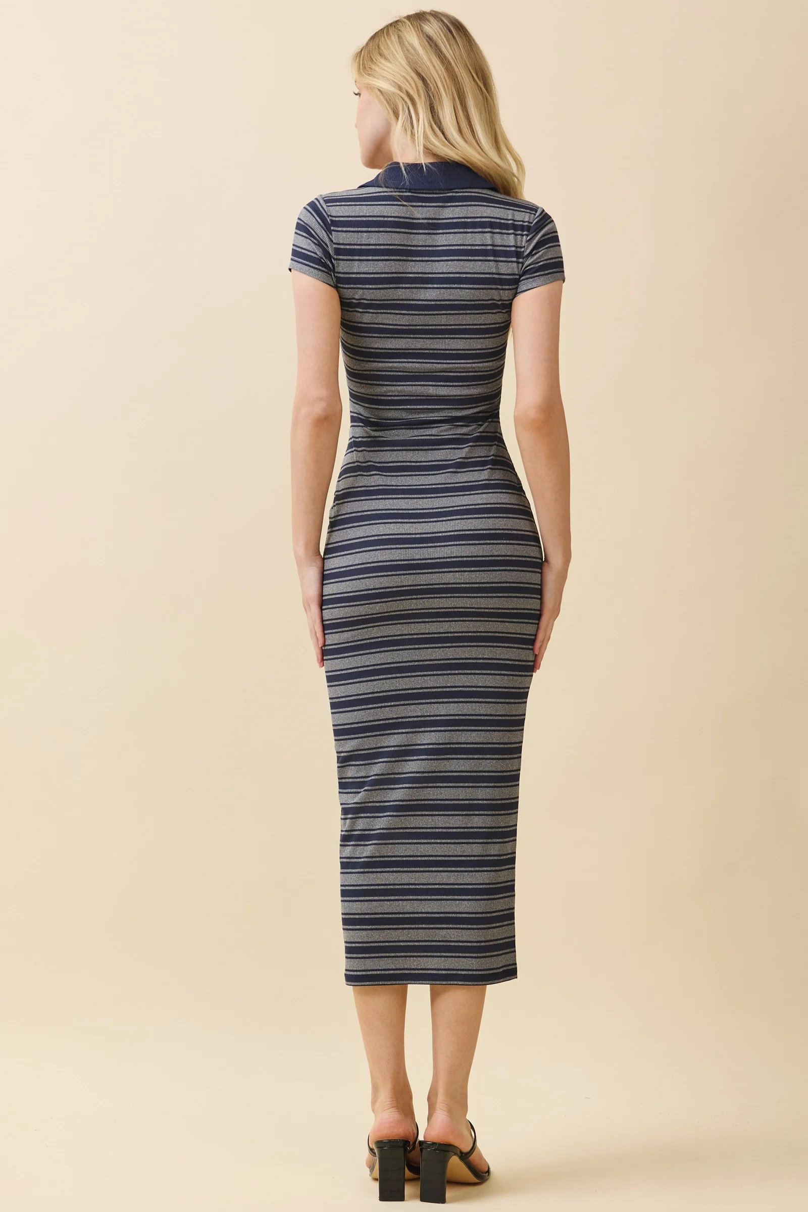 Heather Grey Striped Collared Midi Dress - Image 3