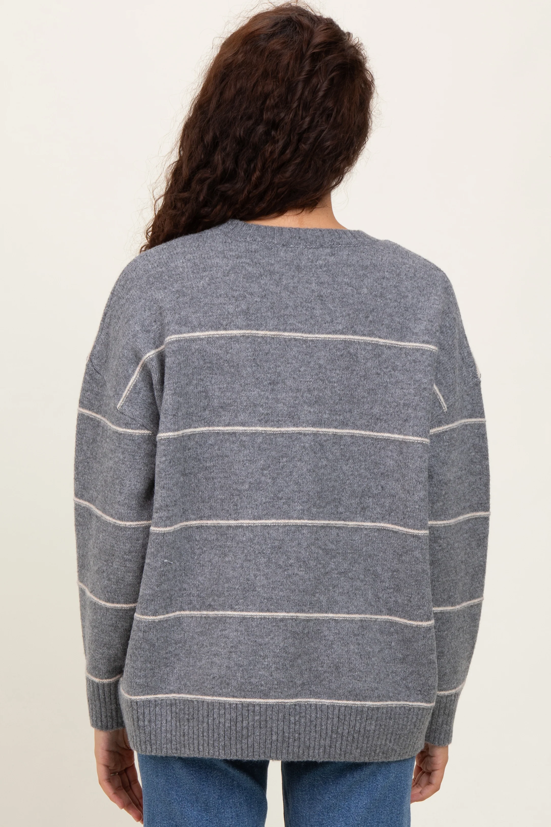 Heather Grey Striped Drop Shoulder Sweater - Image 4