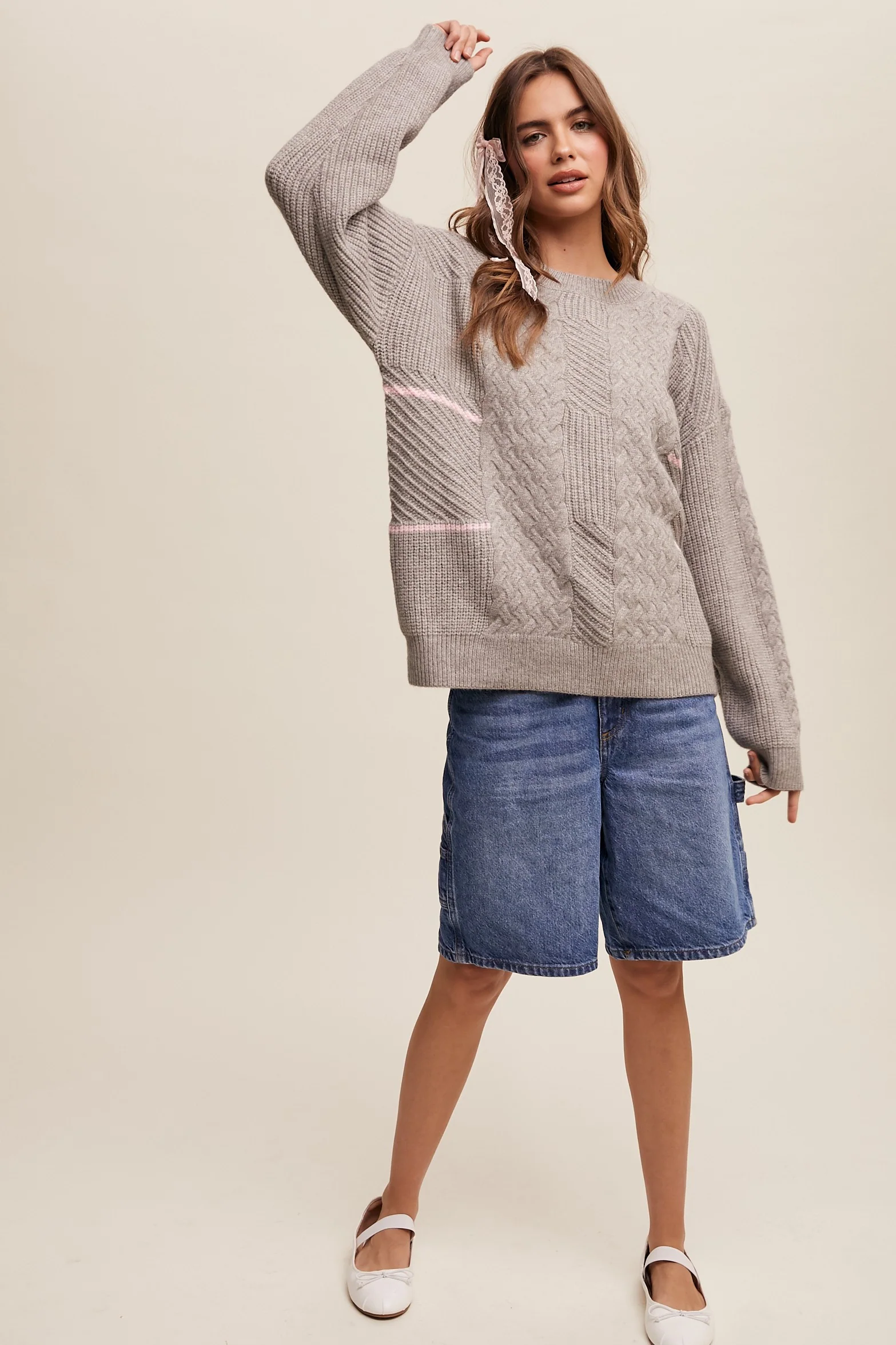 Heather Grey Striped Mixed Cable Knit Sweater - Image 4