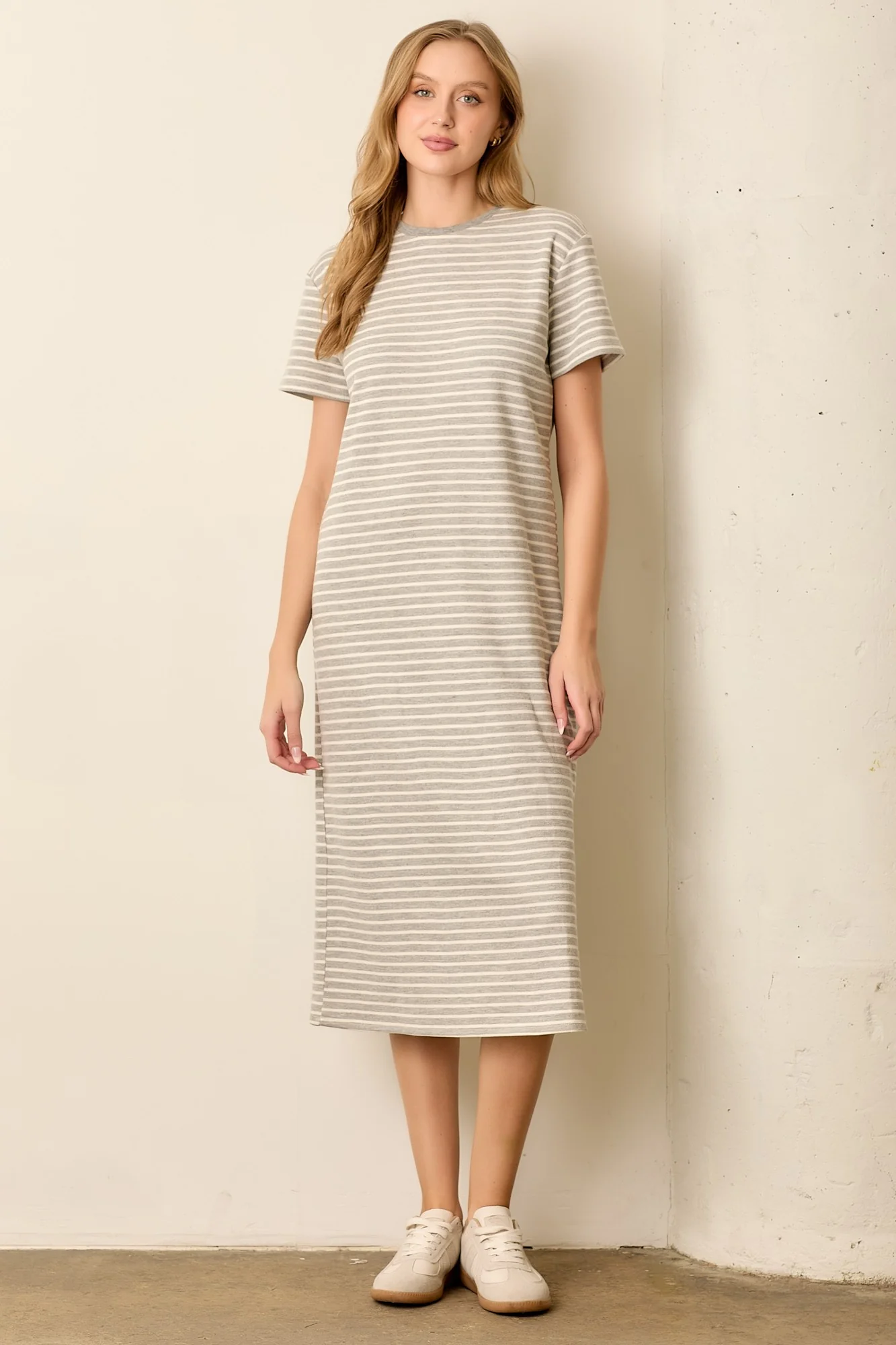 Heather Grey Striped Short Sleeve Maternity T-Shirt Midi Dress - Image 4