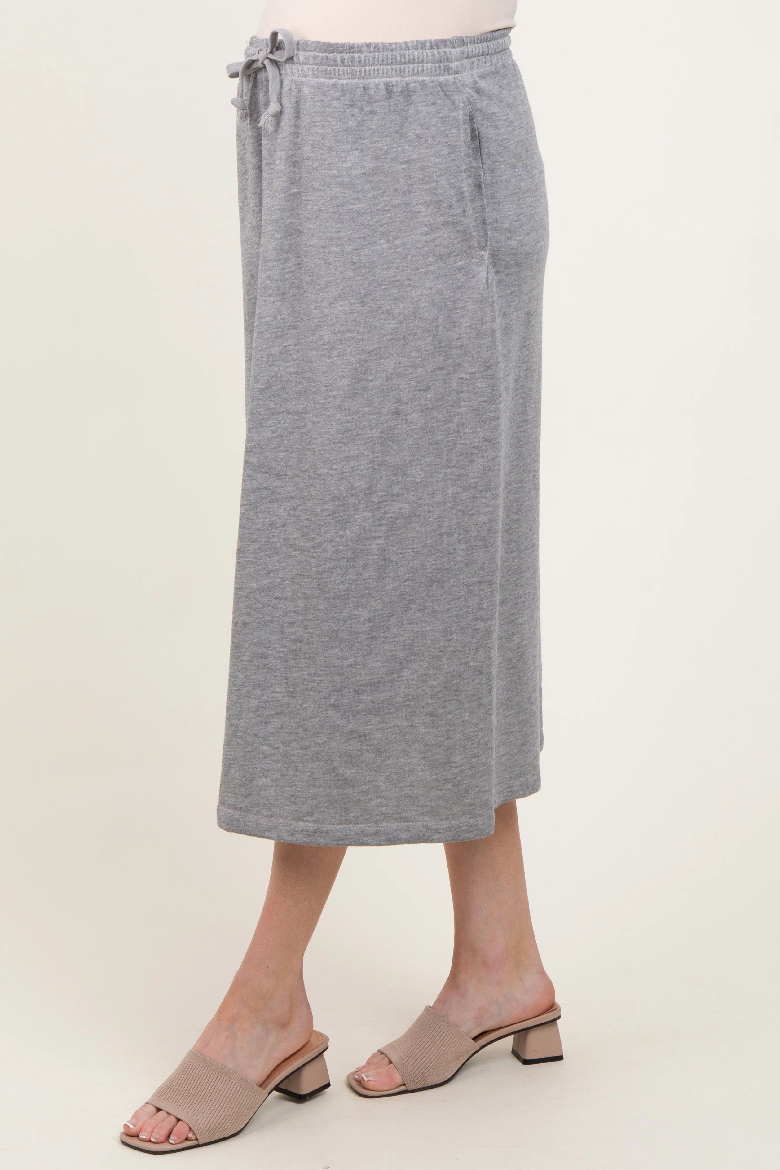 Heather Grey Terry Drawstring Maternity Midi Skirt - Image 3