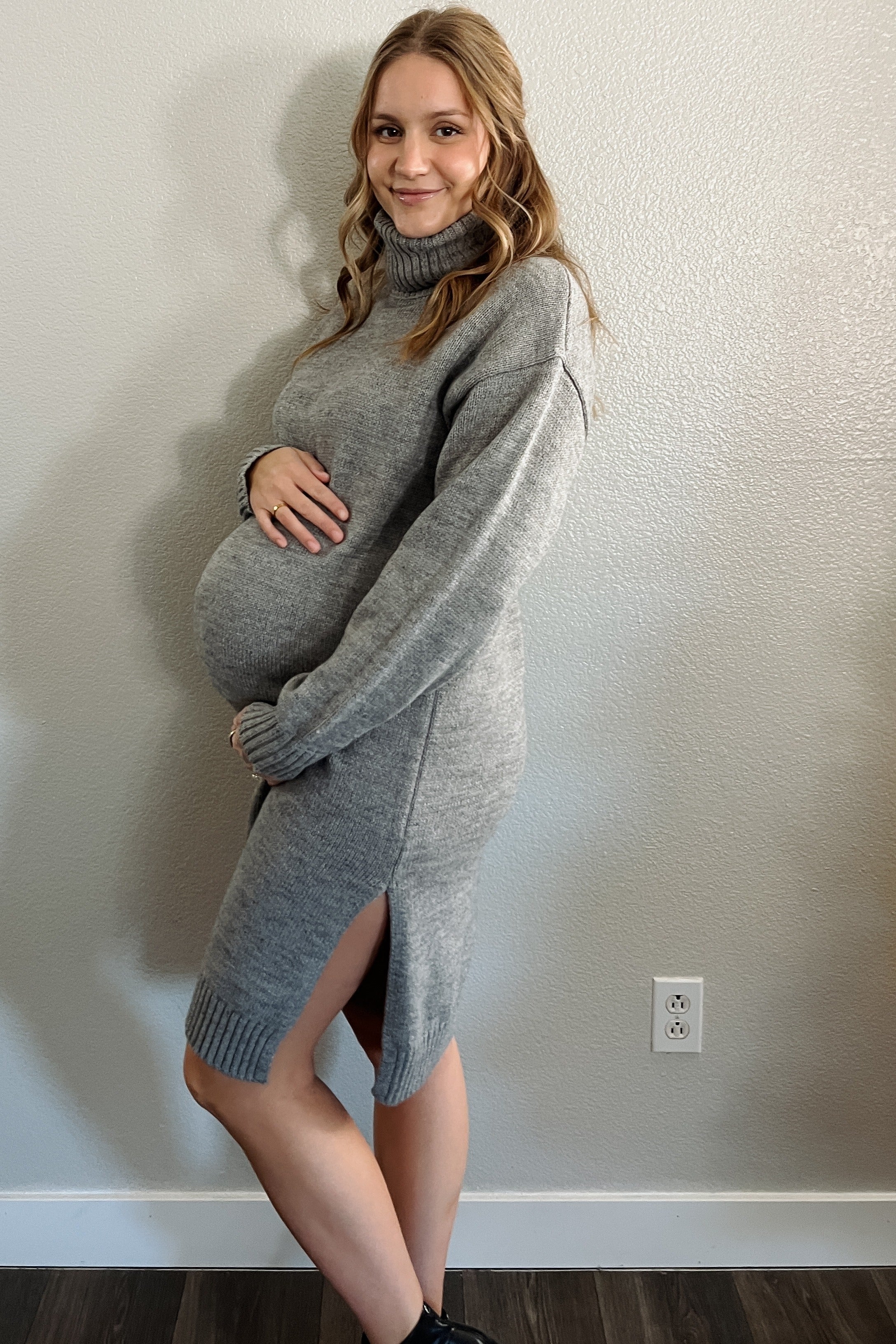 Heather Grey Turtleneck Side Slit Maternity Midi Sweater Dress - Image 5