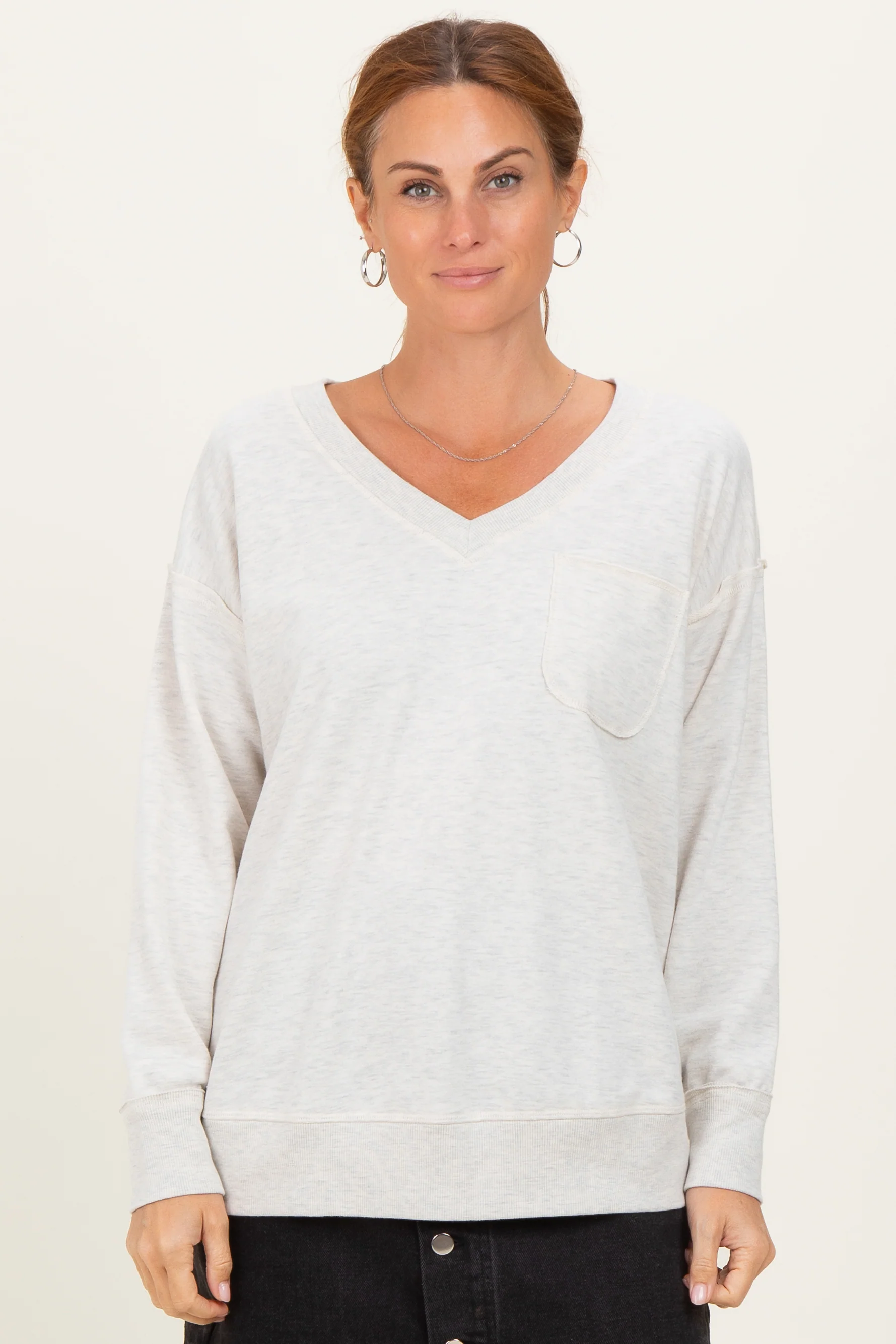 Heather Grey V-Neck Long Sleeve Maternity Pullover Top - Image 5