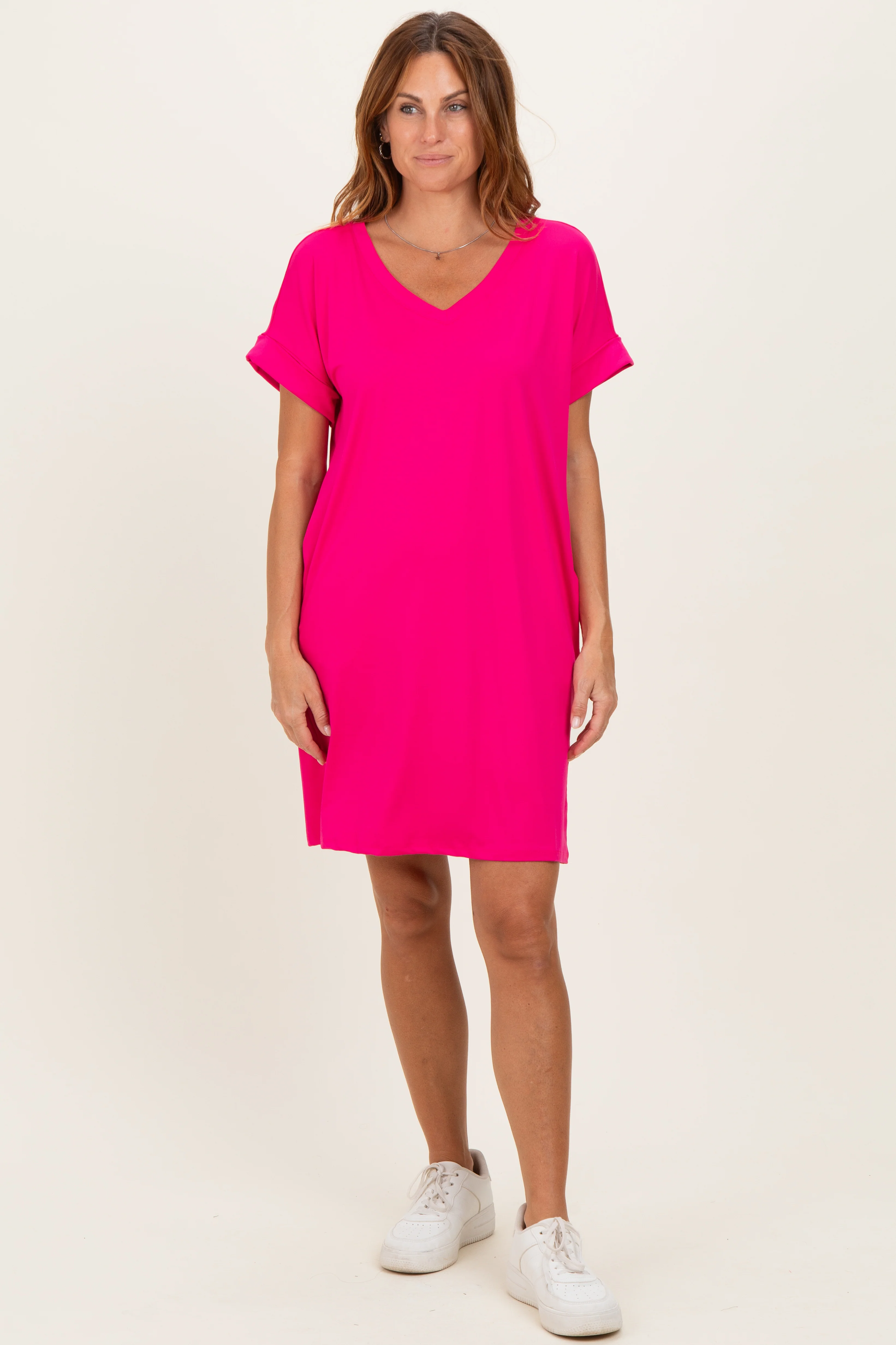 Hot Pink Brushed Rolled Short Sleeve V-Neck Maternity Dress - Image 5