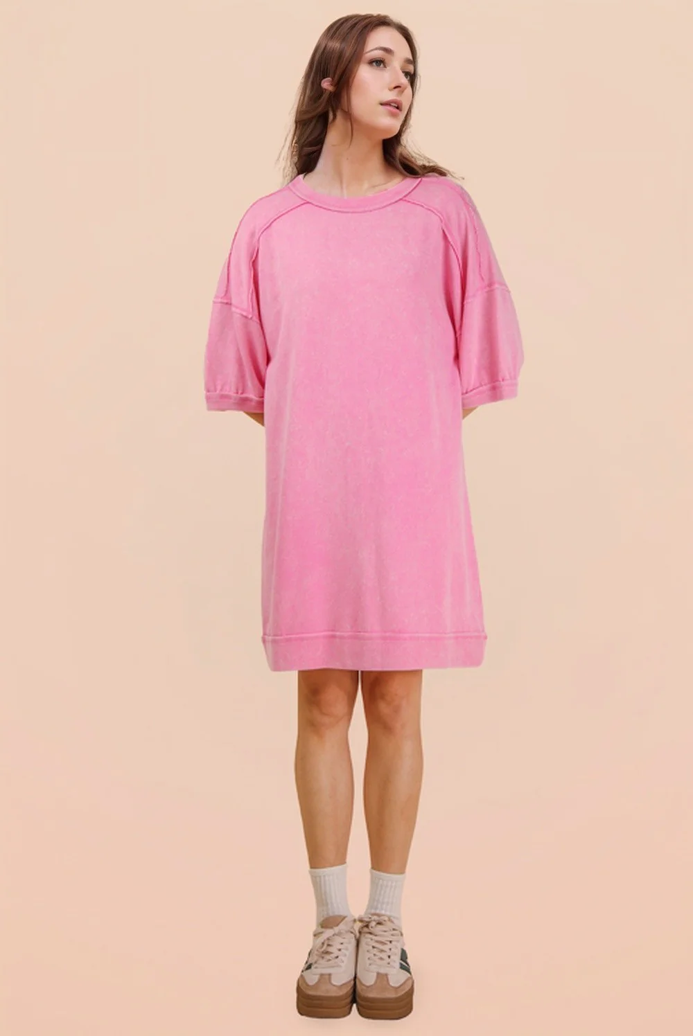 Hot Pink Mineral Wash French Terry Knit T-Shirt Dress - Image 5
