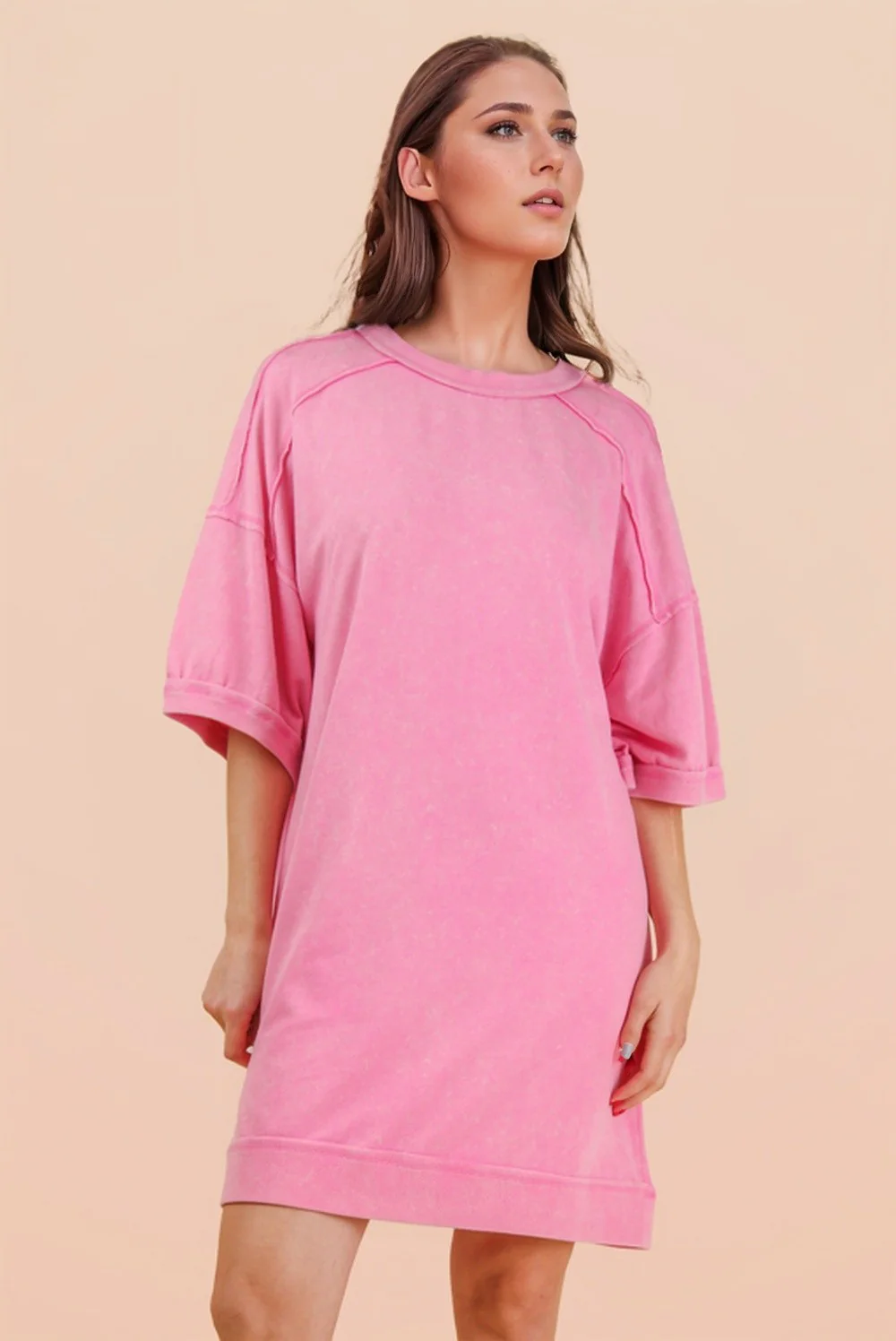 Hot Pink Mineral Wash French Terry Knit T-Shirt Dress - Image 6