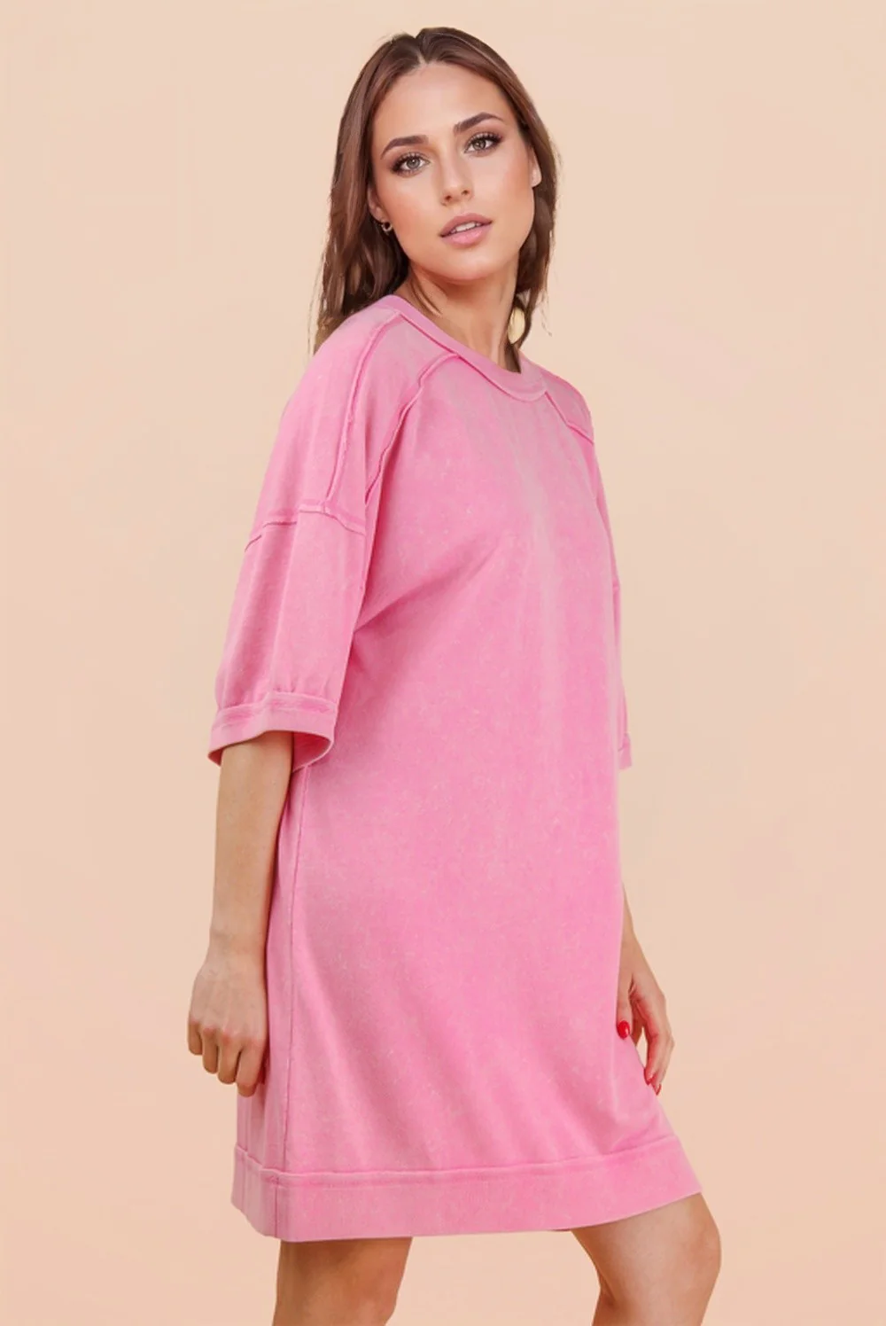 Hot Pink Mineral Wash French Terry Knit T-Shirt Dress - Image 7