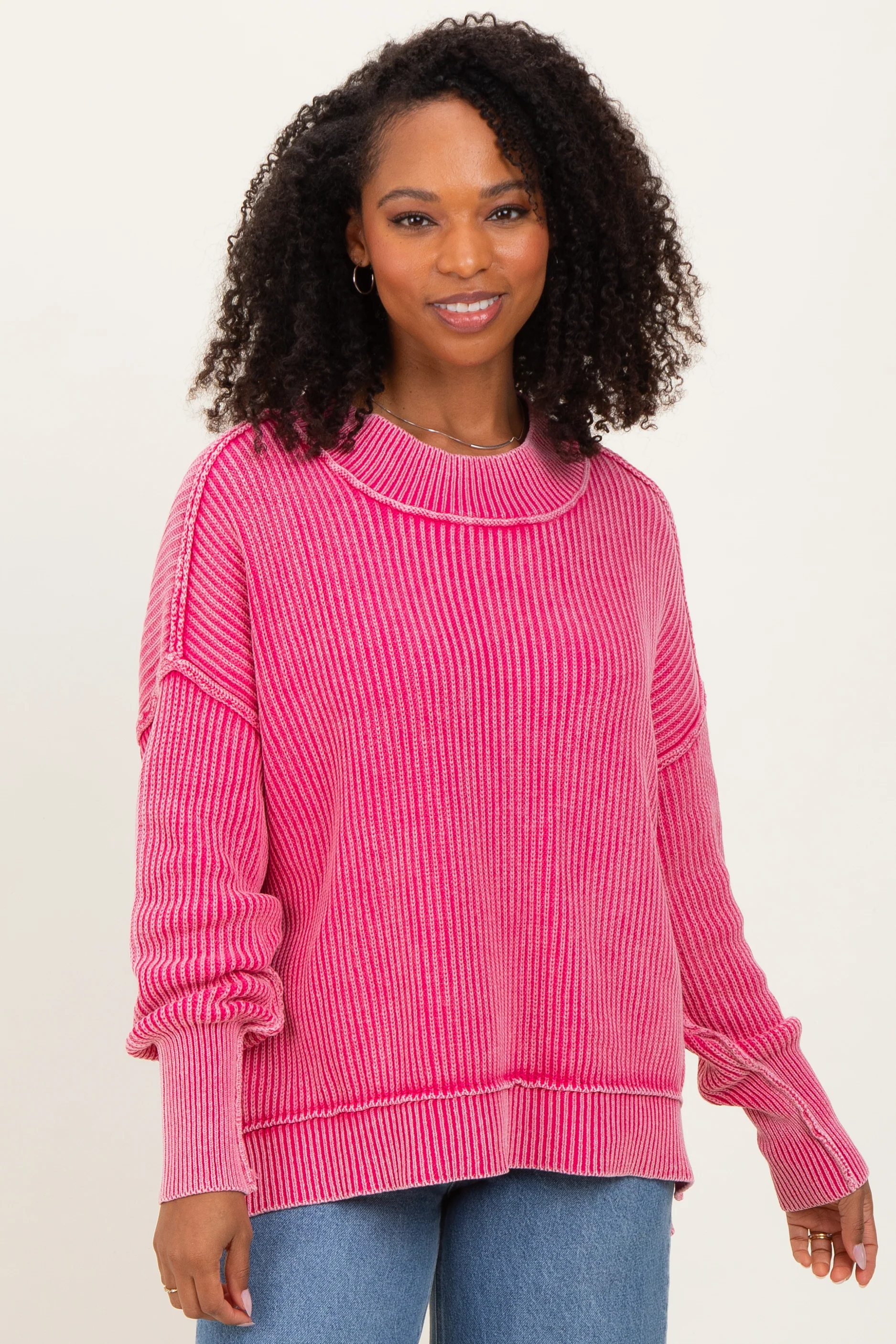 Hot Pink Washed Side Slit Oversized Maternity Sweater - Image 5