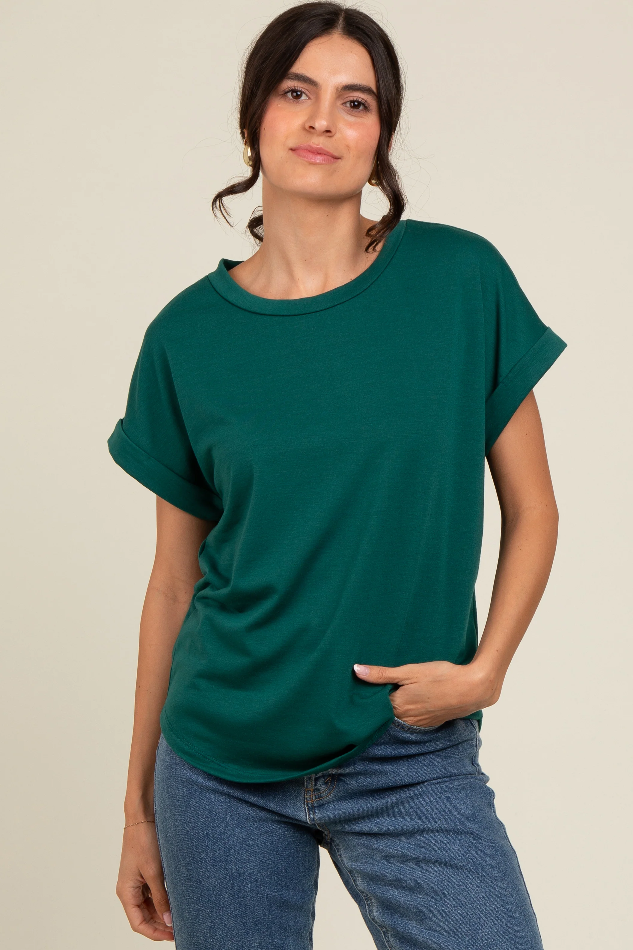 Hunter Green Cuff Sleeve Maternity Top - Image 4