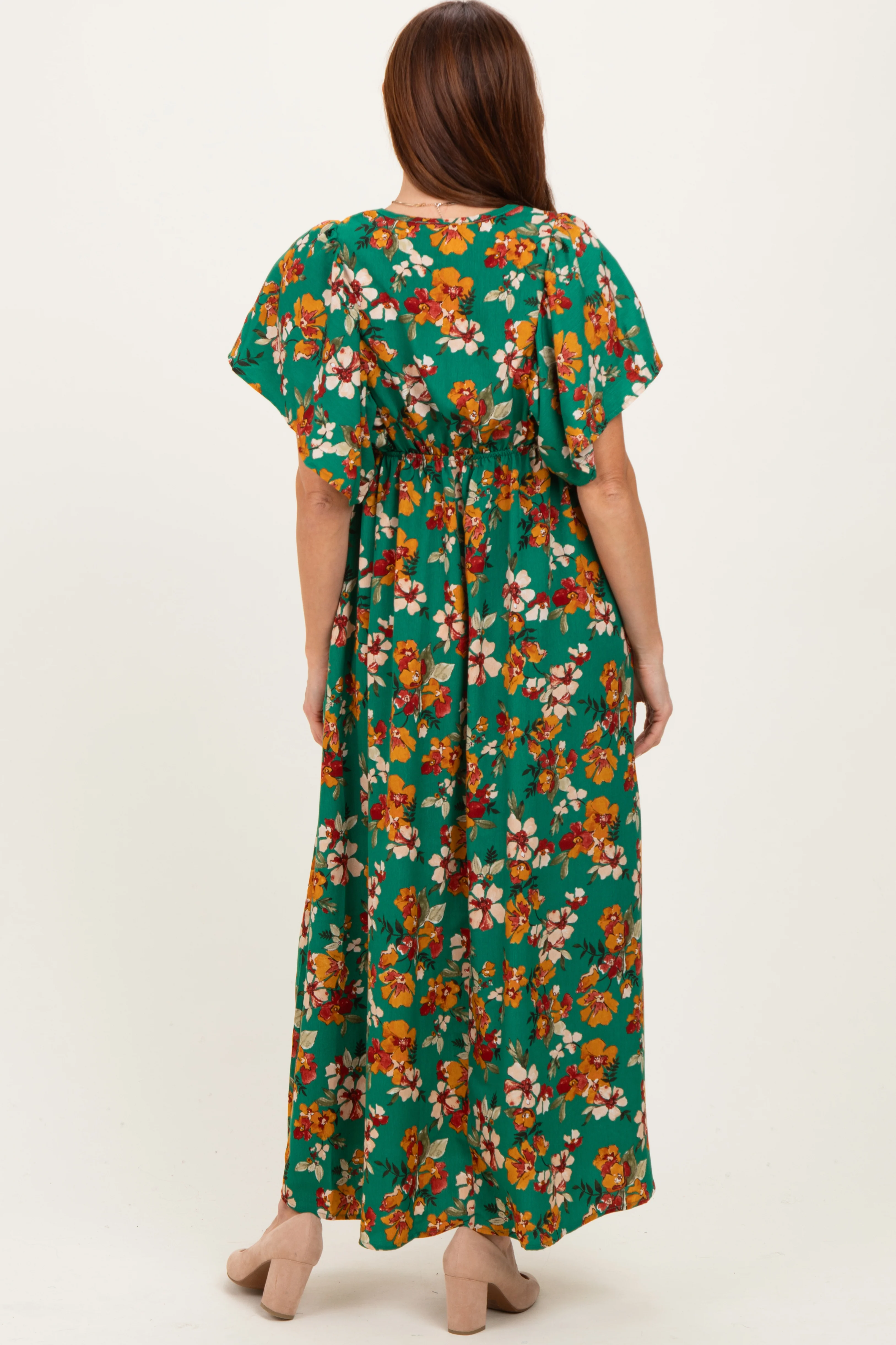 Hunter Green Fall Floral Short Sleeve V-Neck Maxi Dress - Image 4