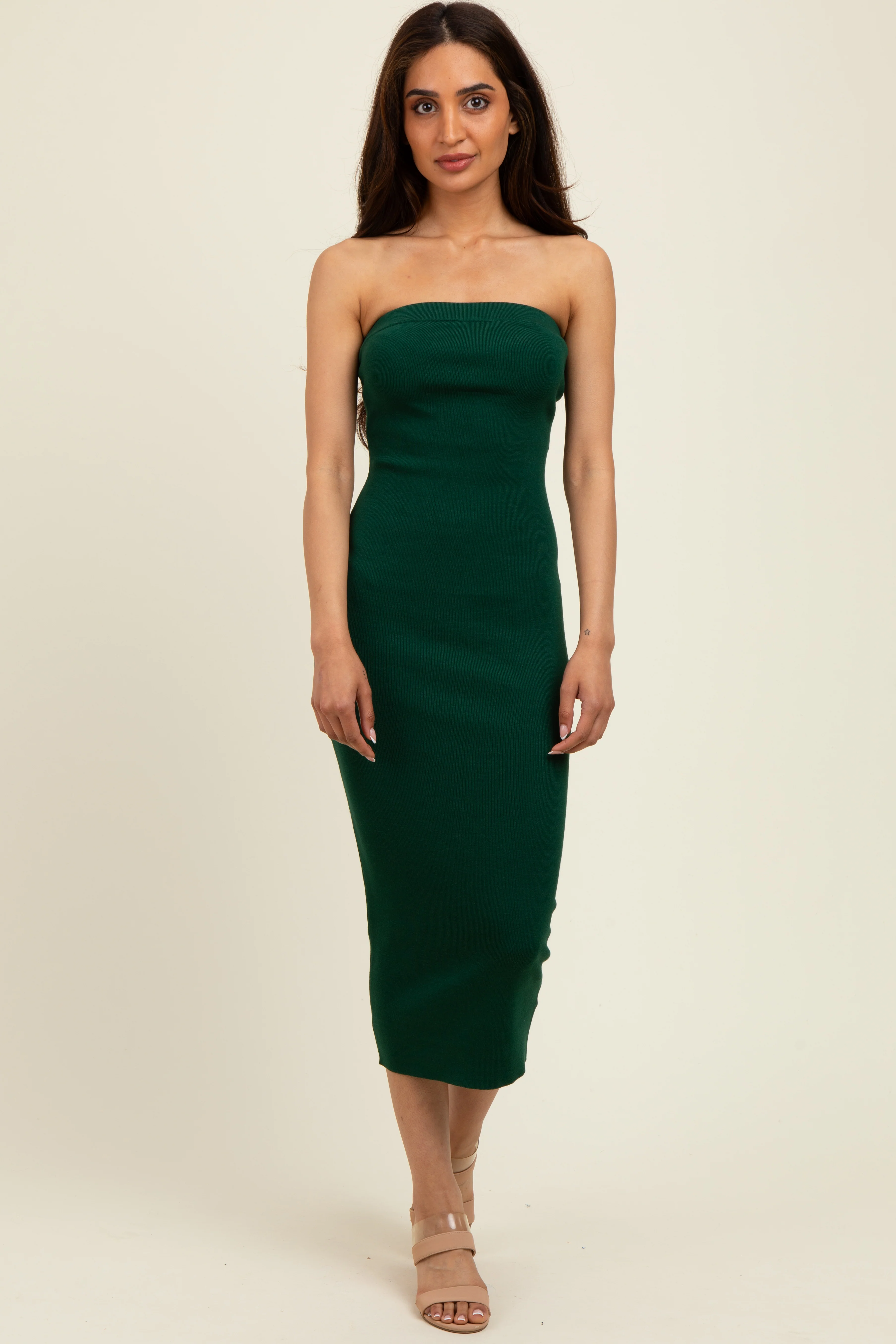 Hunter Green Fitted Tube Knit Maternity Midi Dress - Image 4