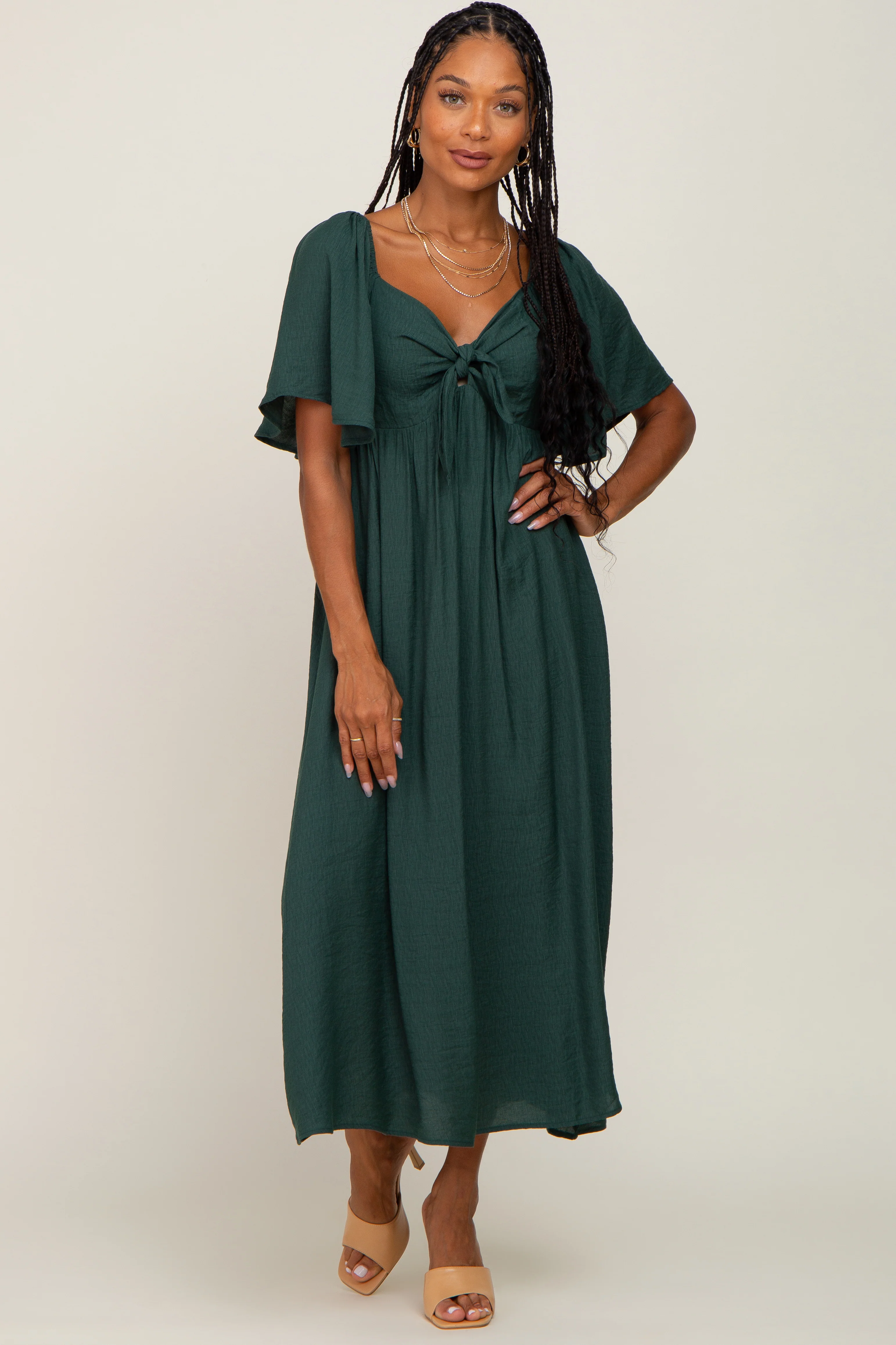Hunter Green Front Tie Ruffle Sleeve Midi Dress - Image 4
