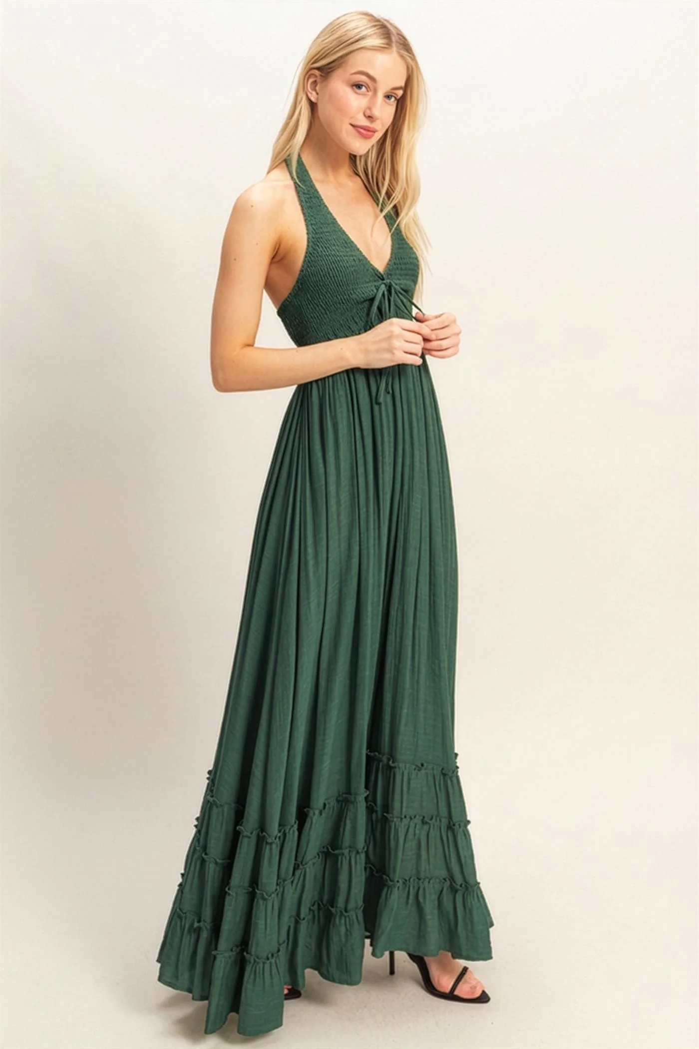 Hunter Green Halter Neck Smocked Maxi Dress - Image 3